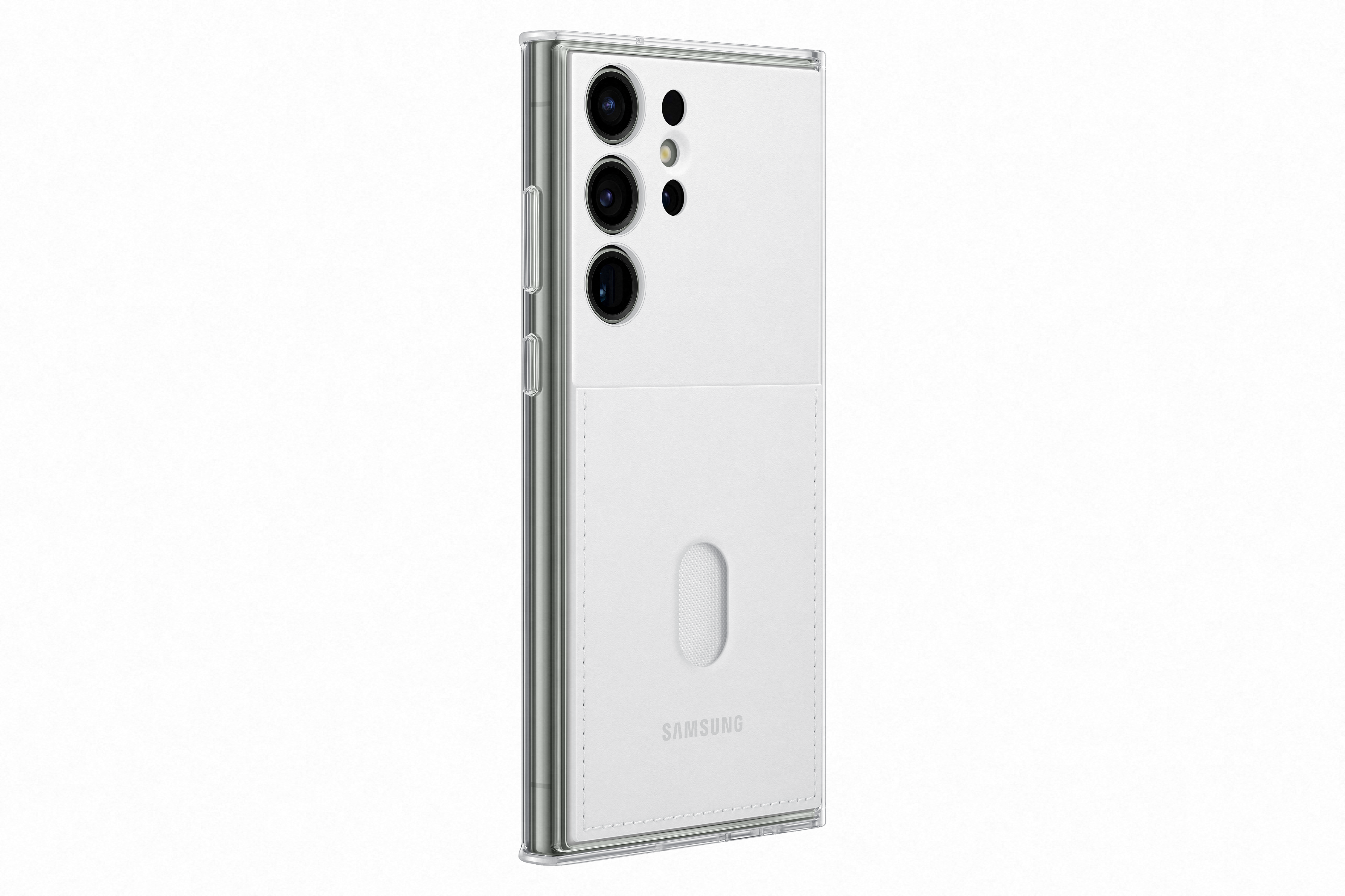 Funda blanca para teléfono en el teléfono. El teléfono tiene lentes de cámara. Marco transparente a la izquierda. Funda blanca con ranura para tarjetas a la derecha.