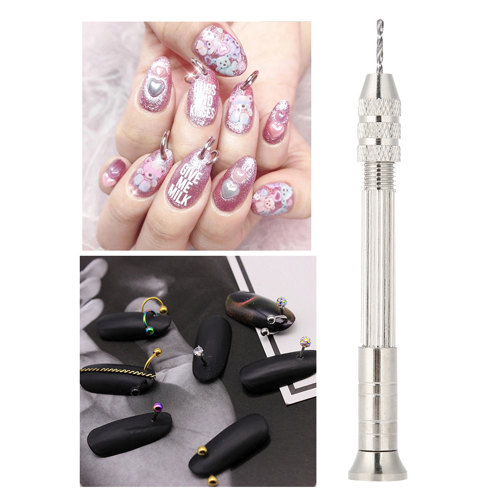 Nagelkunst mit Ringen und Bohrer. Oben: pinke Nägel mit Kunst. Unten: schwarze Steine mit Ringen. Bohrer rechts.