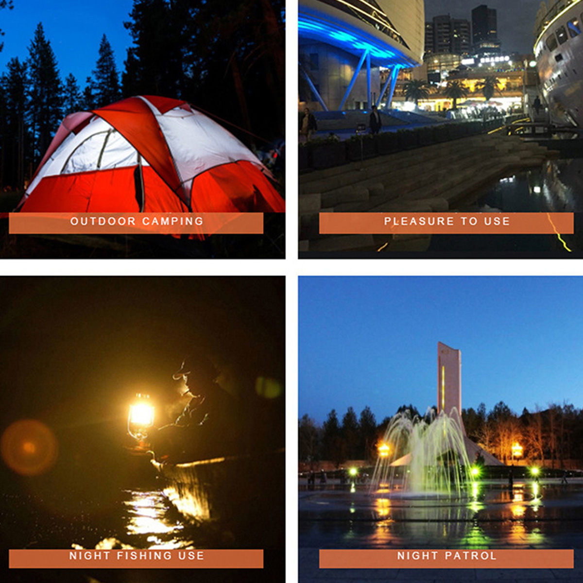 Eine Collage zeigt vier Bilder: Camping im Zelt, Stadtlichter, Nachtfischen mit Laterne und Brunnen.