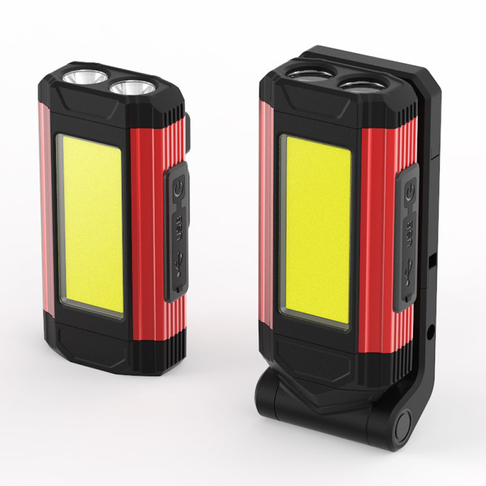 Zwei rote und schwarze Taschenlampen auf weißem Hintergrund mit gelben Lichtpaneelen.