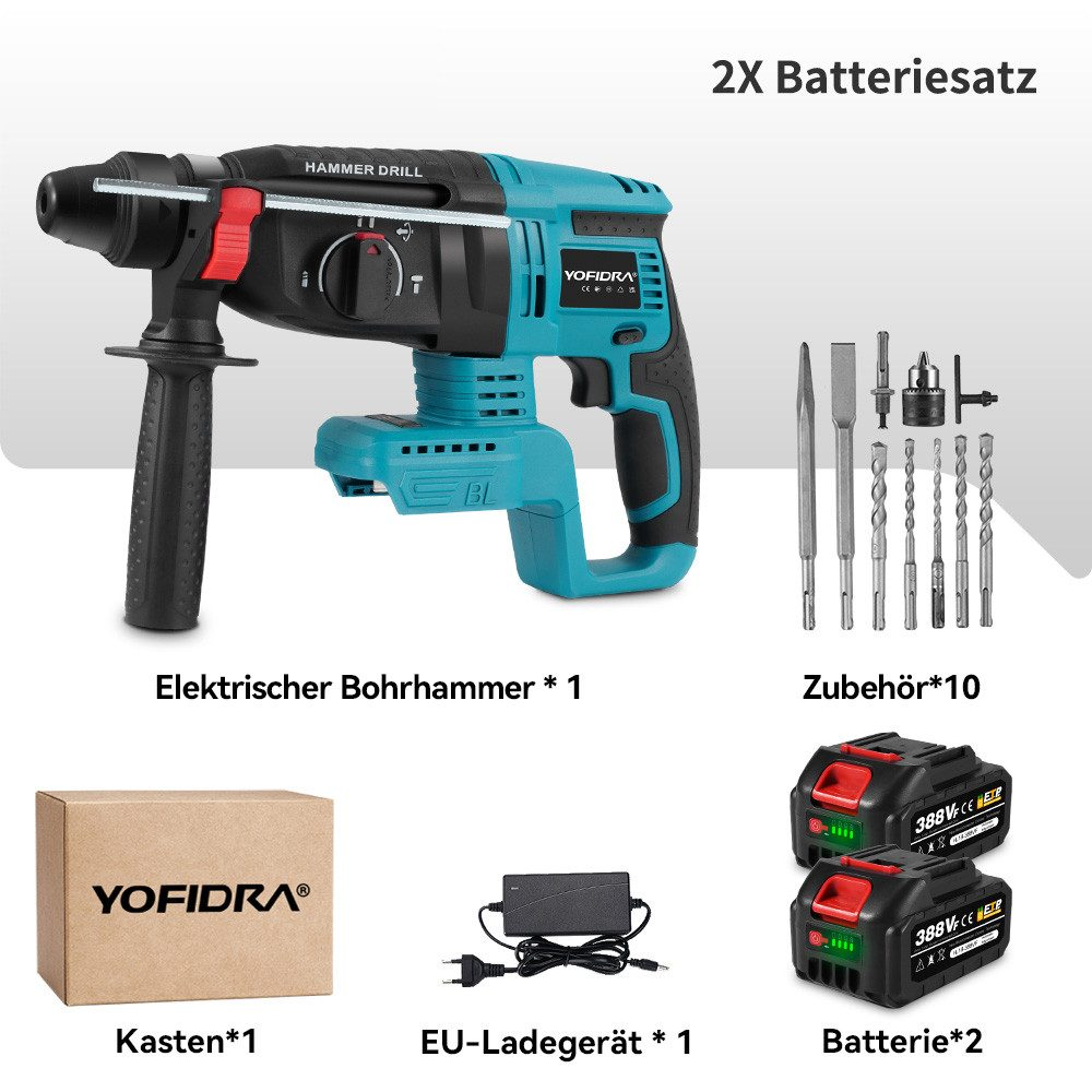 Ein Bohrer mit Zubehör, Batterien und Ladegerät, verpackt und mit 'YOFIDRA' beschriftet.