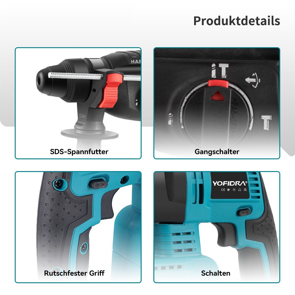 Vier Nahaufnahmen eines türkis-schwarzen Bohrhammers, die Details seiner Teile zeigen.