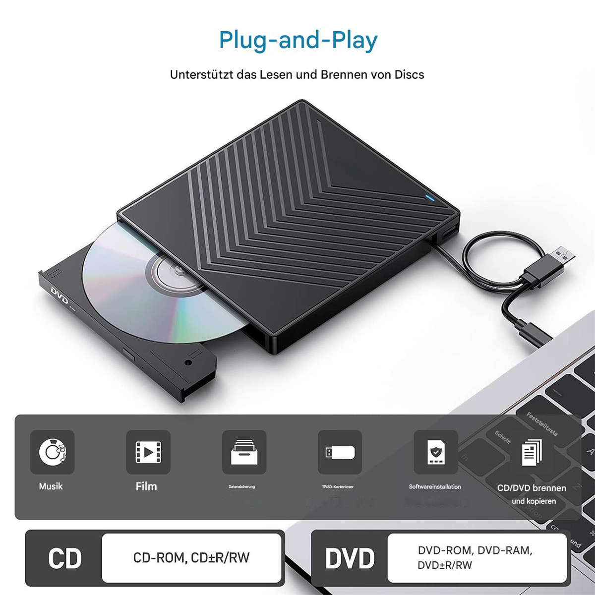 Ein schwarzes DVD-Laufwerk mit einer DVD, verbunden mit einem Laptop. Das Bild hat Textbeschriftungen.