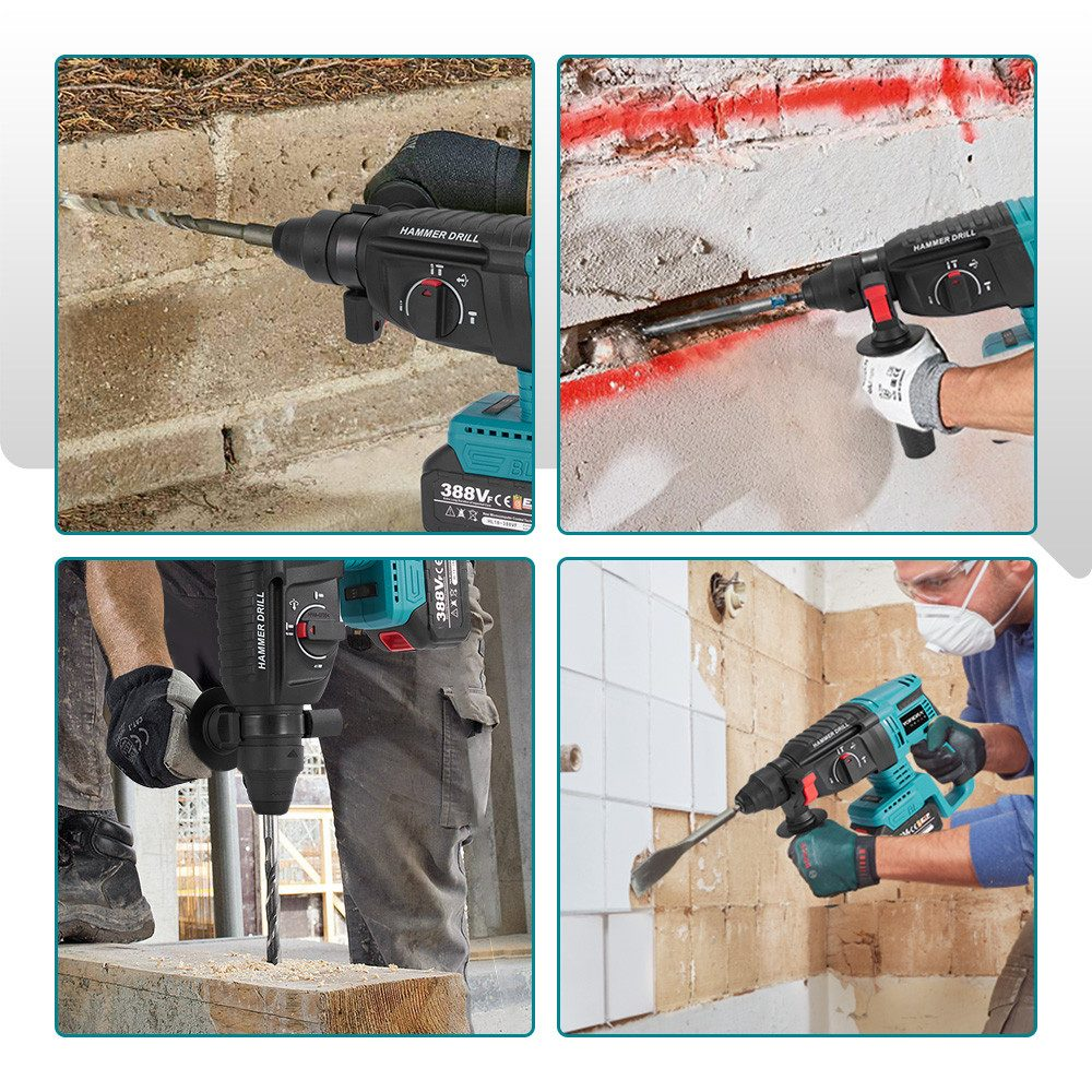 Vier Bilder, die einen Akkuschrauber in Aktion zeigen, der in Beton und andere Materialien bohrt.