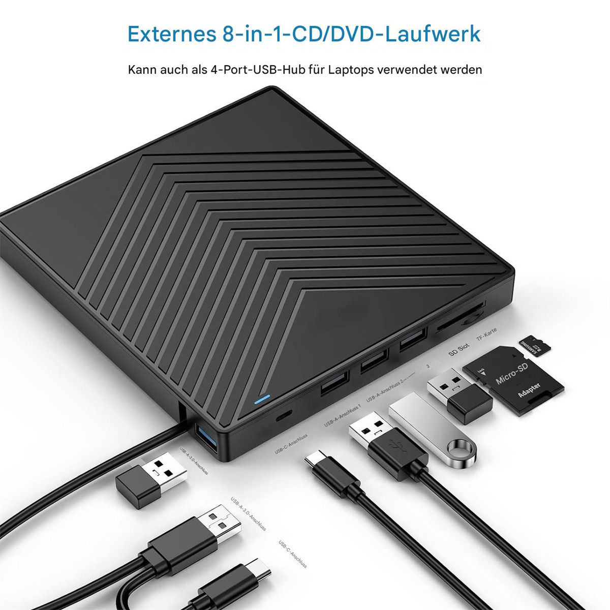 Ein schwarzes externes CD/DVD-Laufwerk mit USB-Anschlüssen und Kabeln.