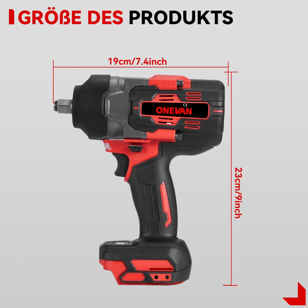 Una llave de impacto con dimensiones etiquetadas y la marca 'ONEVAN'.