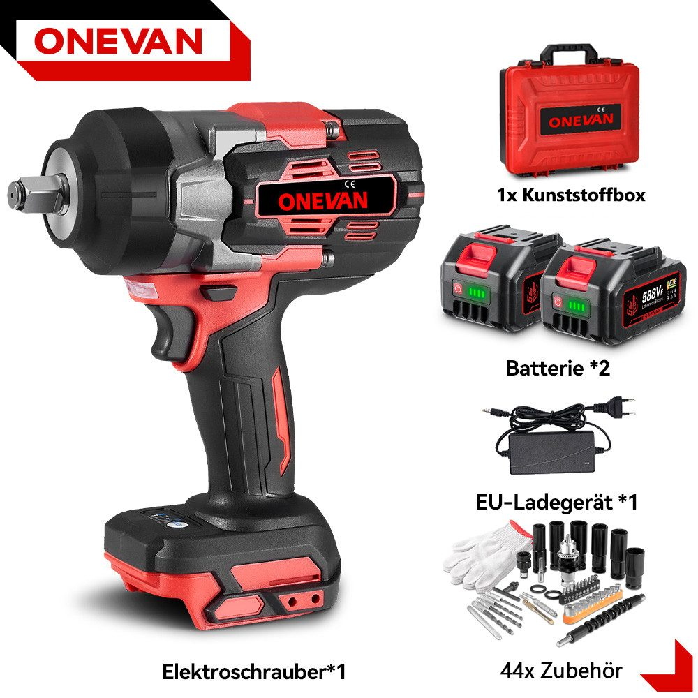 Das Bild zeigt ein Elektrowerkzeug-Set mit Werkzeug, Akkus, Ladegerät und Zubehör. Es hat ein rotes und schwarzes Farbschema.