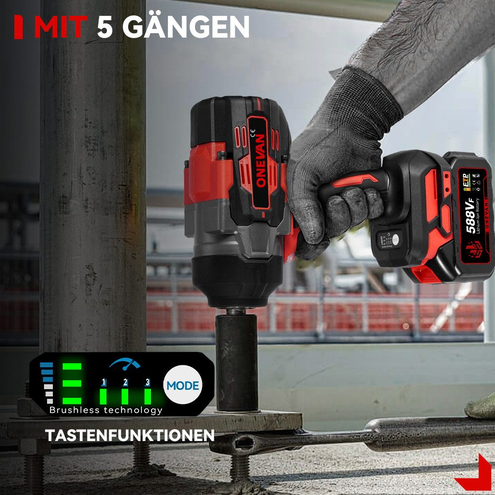 Mano usando herramienta eléctrica roja y negra en una barra de metal, con un indicador de modo.