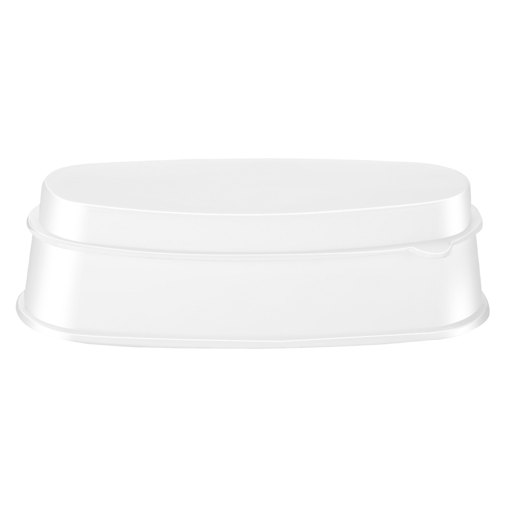Ein weißes, oval geformtes Nagelkunstwerkzeug. Es ist ein zweiteiliges Design mit Deckel.