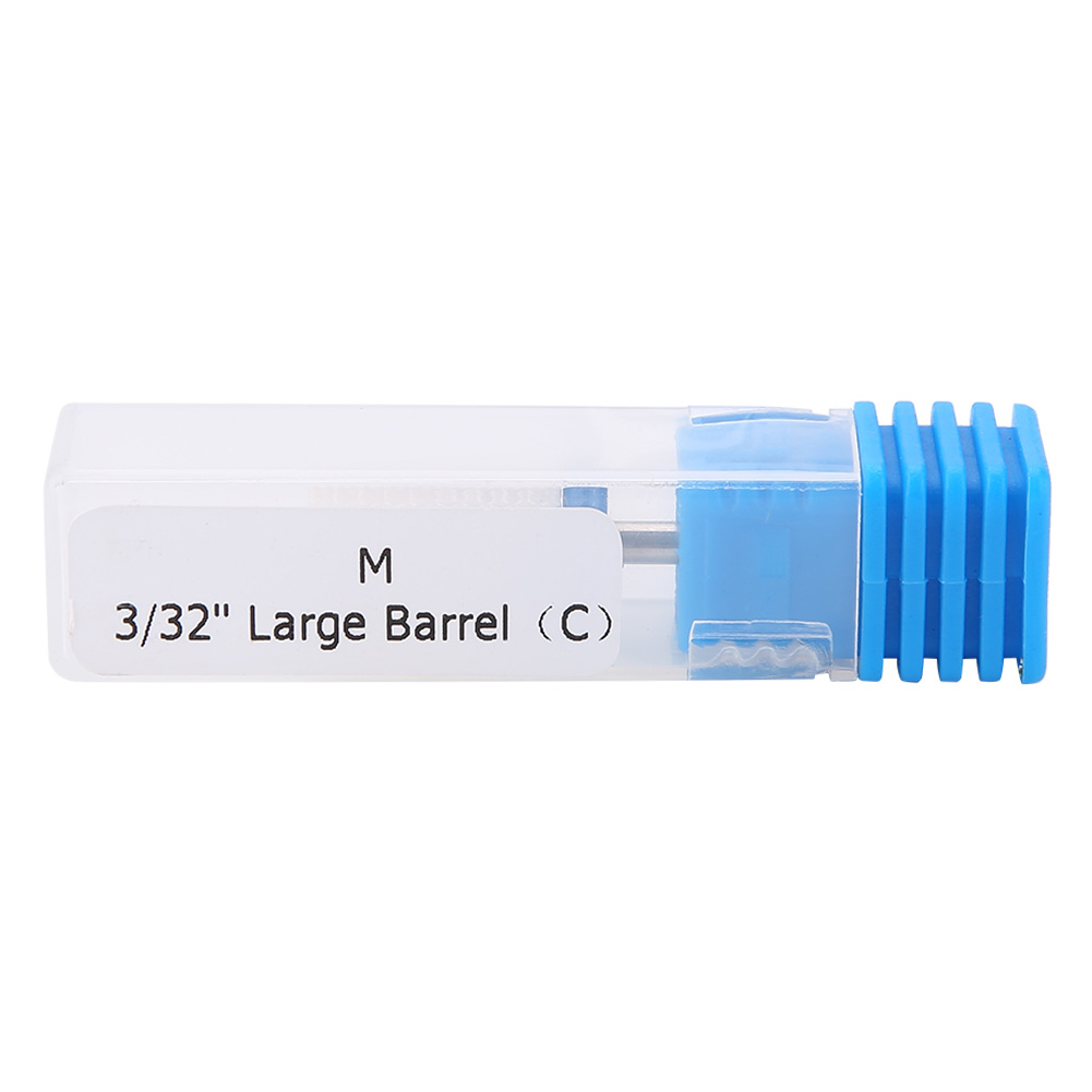 Ein Nagelbohrer in einem durchsichtigen Kunststoffgehäuse. Der Bit ist weiß und blau. Das Gehäuse hat Text.