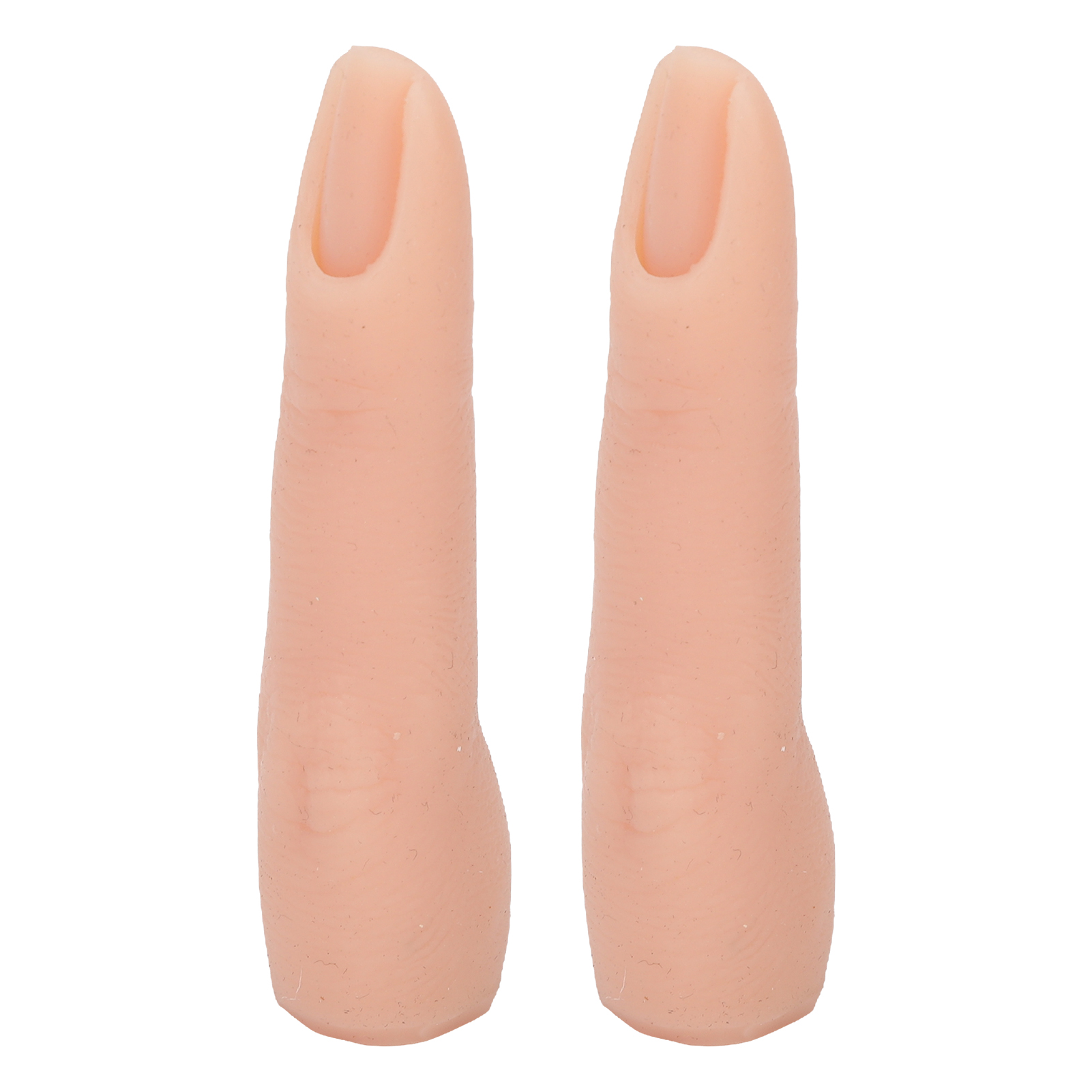 Zwei realistische, hautfarbene Kunstfinger, isoliert auf weißem Hintergrund, für Nagelkunstübungen.