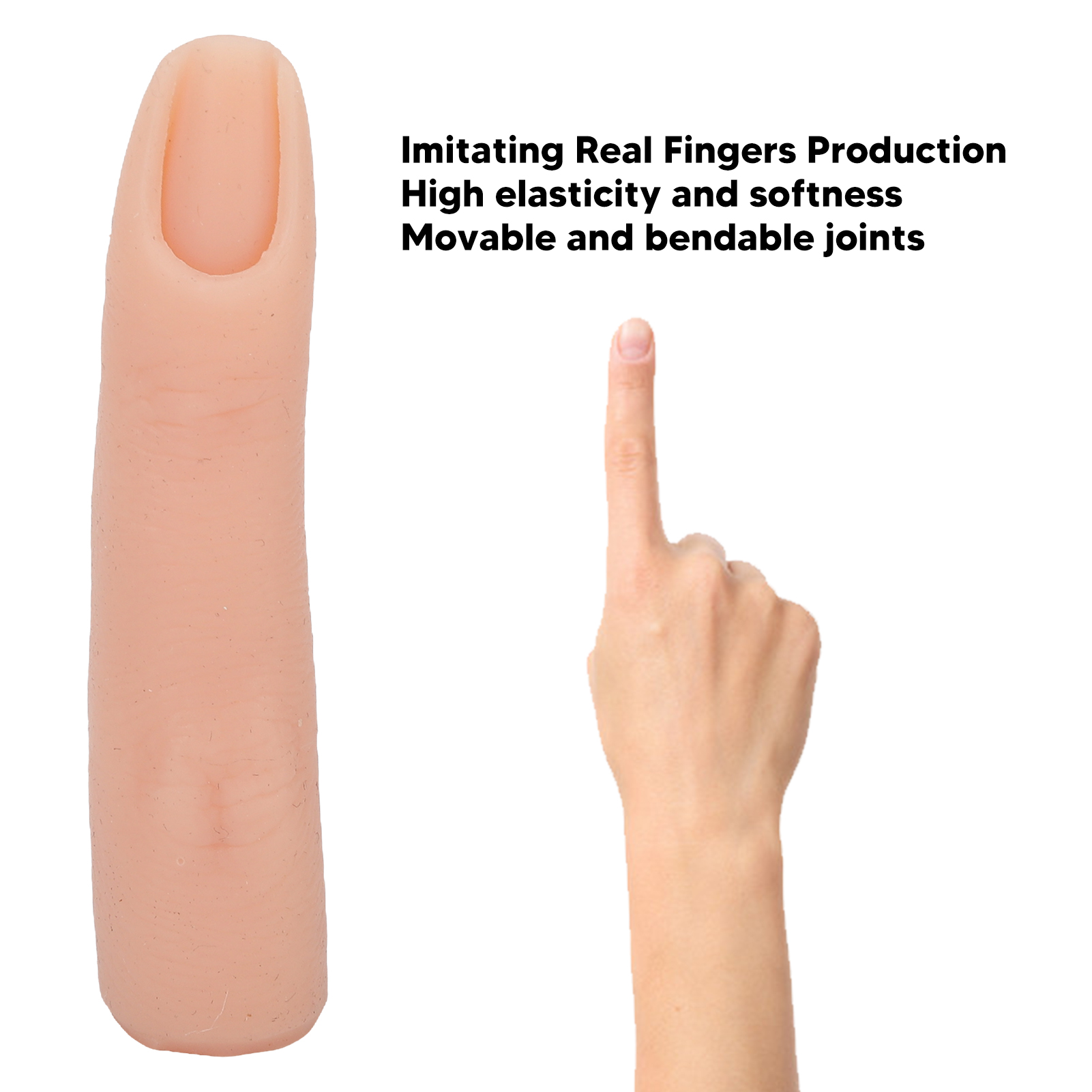 Ein realistischer Prothesenfinger neben einer echten Hand, die nach oben zeigt. Text: Imitating Real Fingers Production.