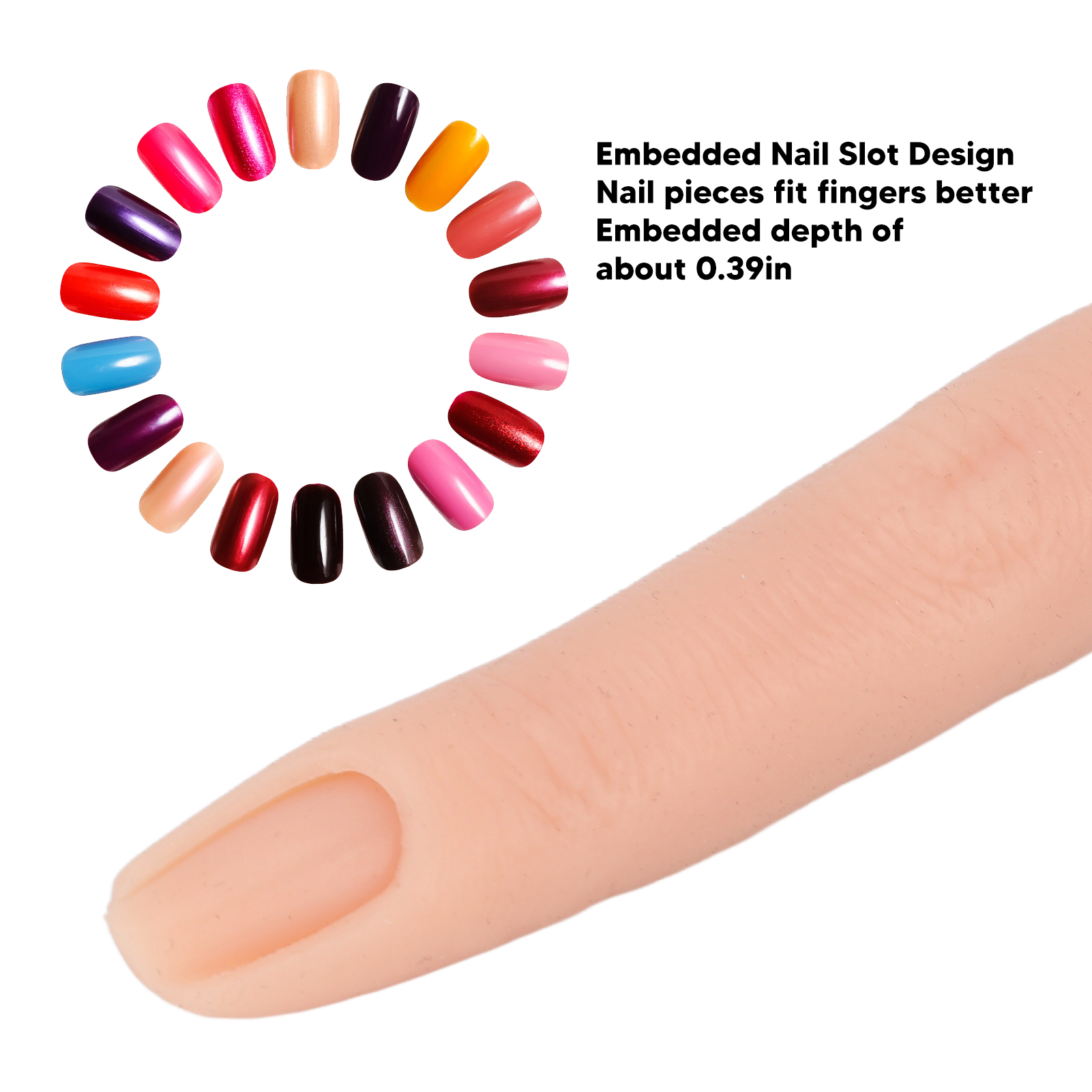 Eine Hand mit einem falschen Finger und verschiedenen farbigen Nagellackproben in einem Kreis.