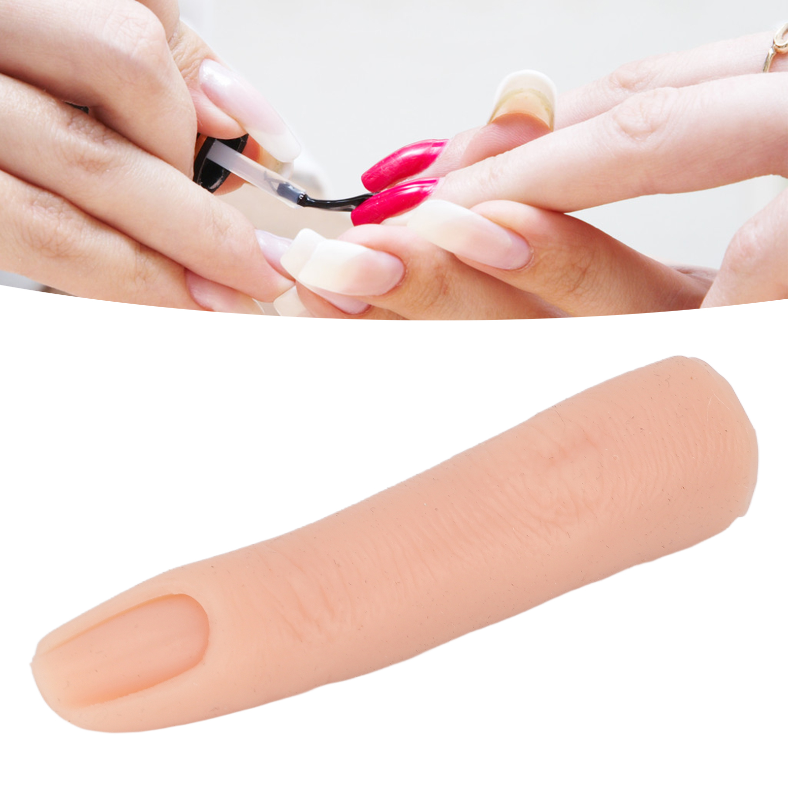 Ein künstlicher Finger wird mit Nagellack bemalt, daneben ein fertiger Nagel.