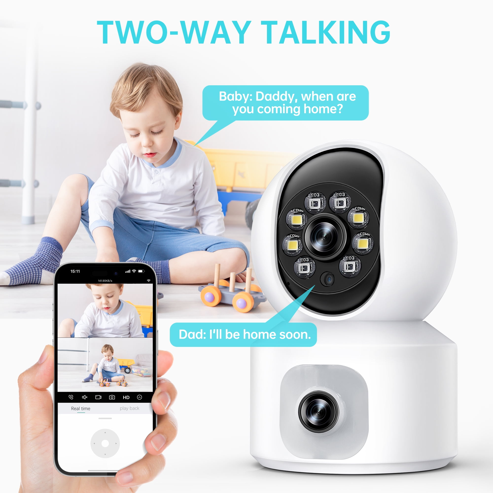 Eine weiße Babyfonkamera mit einem Telefon, das ein Kind zeigt. Die Kamera hat einen Lautsprecher und eine drehbare Basis.