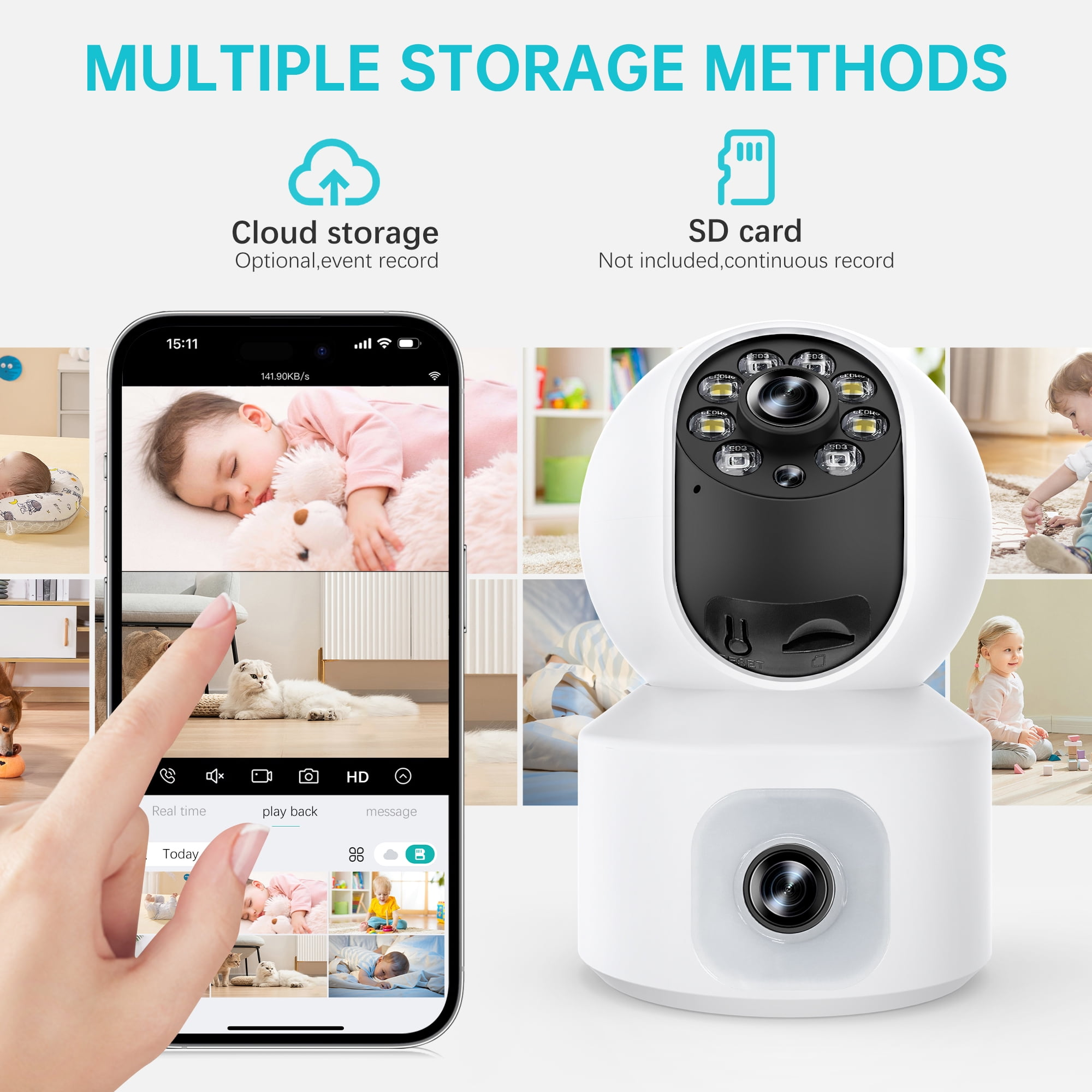 Eine weiße Überwachungskamera mit einem Telefon, das einen Baby-Monitor zeigt, und Symbolen für Cloud-Speicher und SD-Karte.