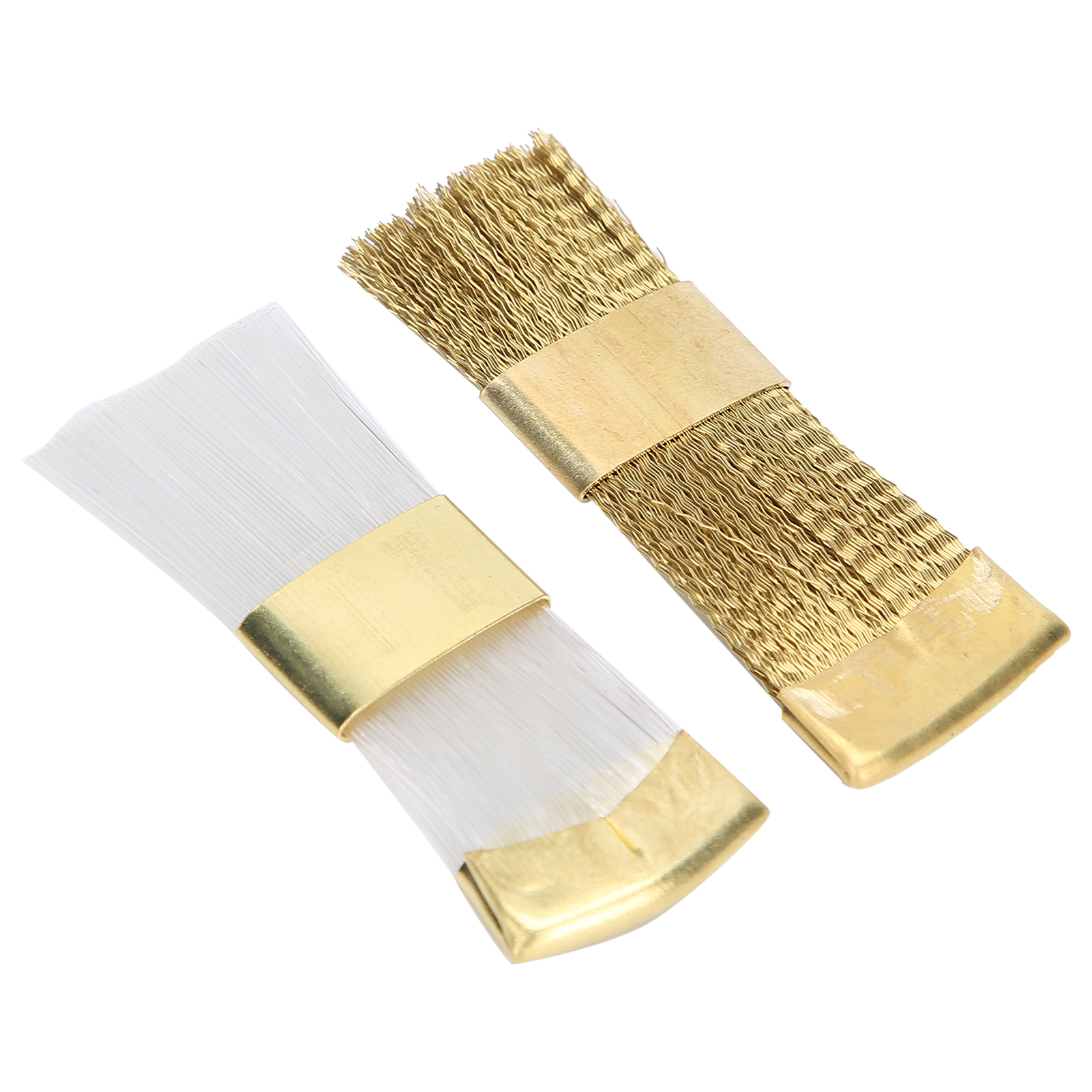 Zwei diagonal liegende Bürsten, eine mit goldenen Bändern und goldenen Borsten, und eine mit weißen Borsten.