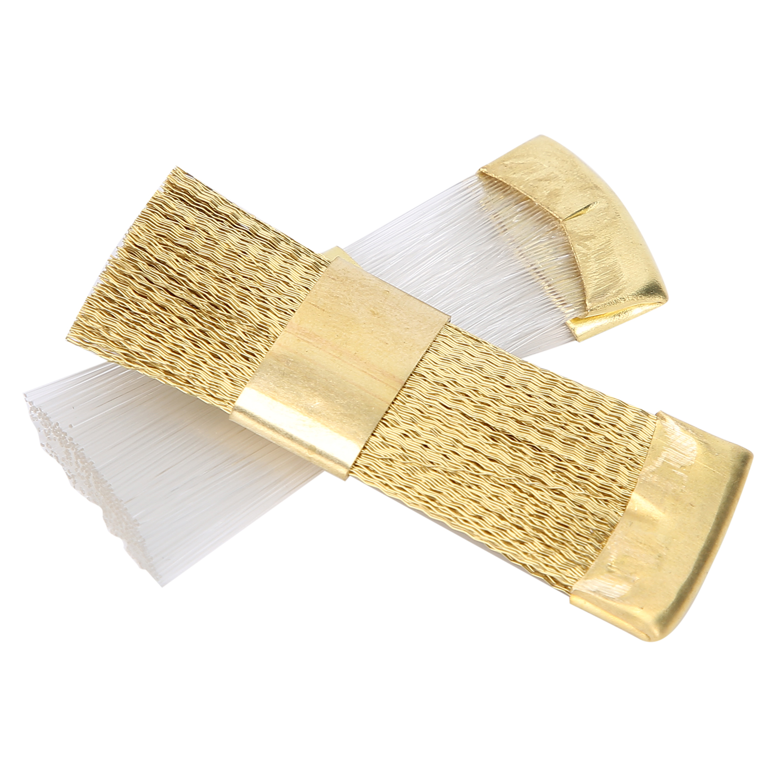 Zwei diagonal liegende Bürsten, eine mit goldenen Bändern und goldenen Borsten, und eine mit weißen Borsten.