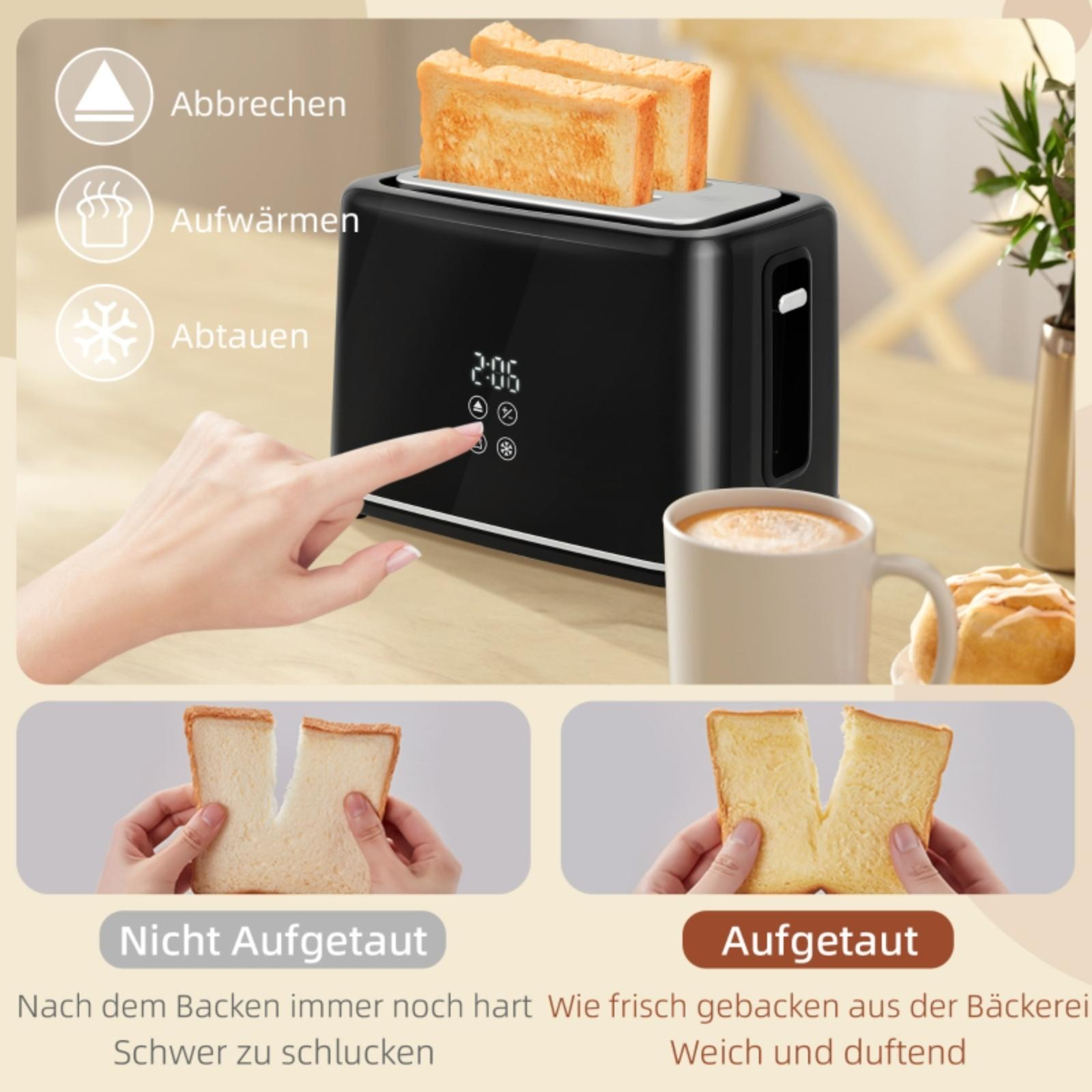Ein schwarzer Toaster mit zwei Toastscheiben. Er hat Knöpfe zum Abbrechen, Aufwärmen und Auftauen. Eine Tasse ist in der Nähe.