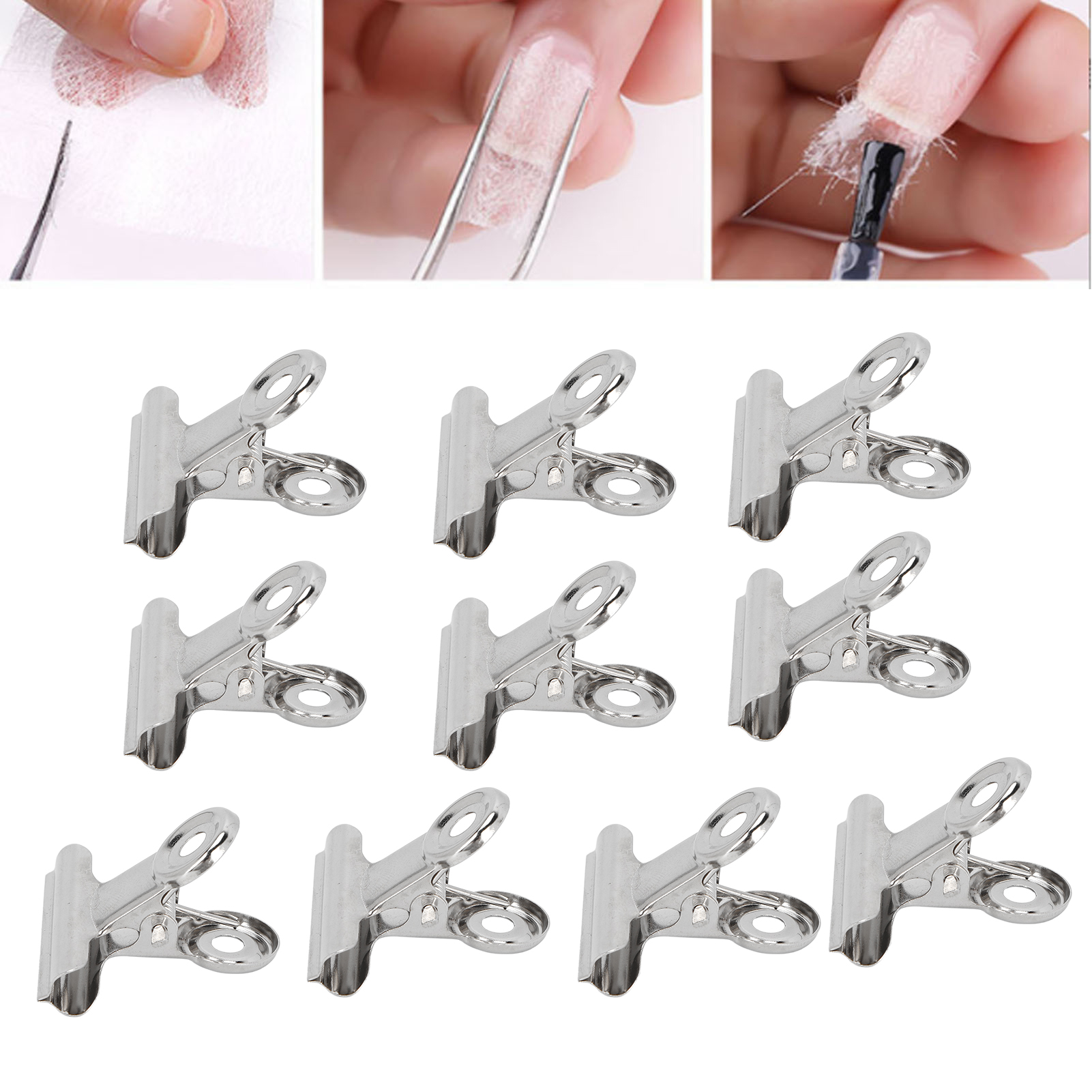 Ein Nagelkunstprozess mit Klammern, der die Anwendung des Designs zeigt.