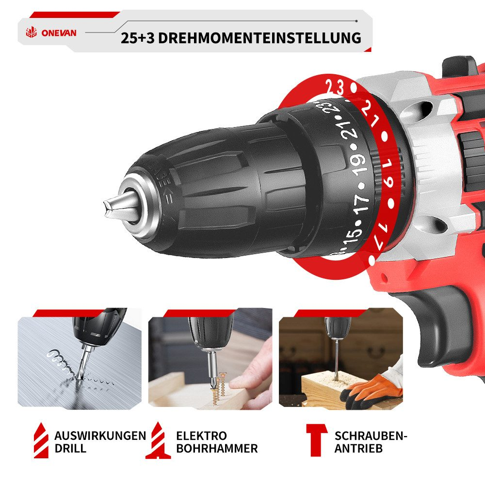 Diagramme zur Veranschaulichung der Bohrfunktionen: Bohreffekte, Elektroschlaghammer und Schraubantrieb mit rotem Bohrer.