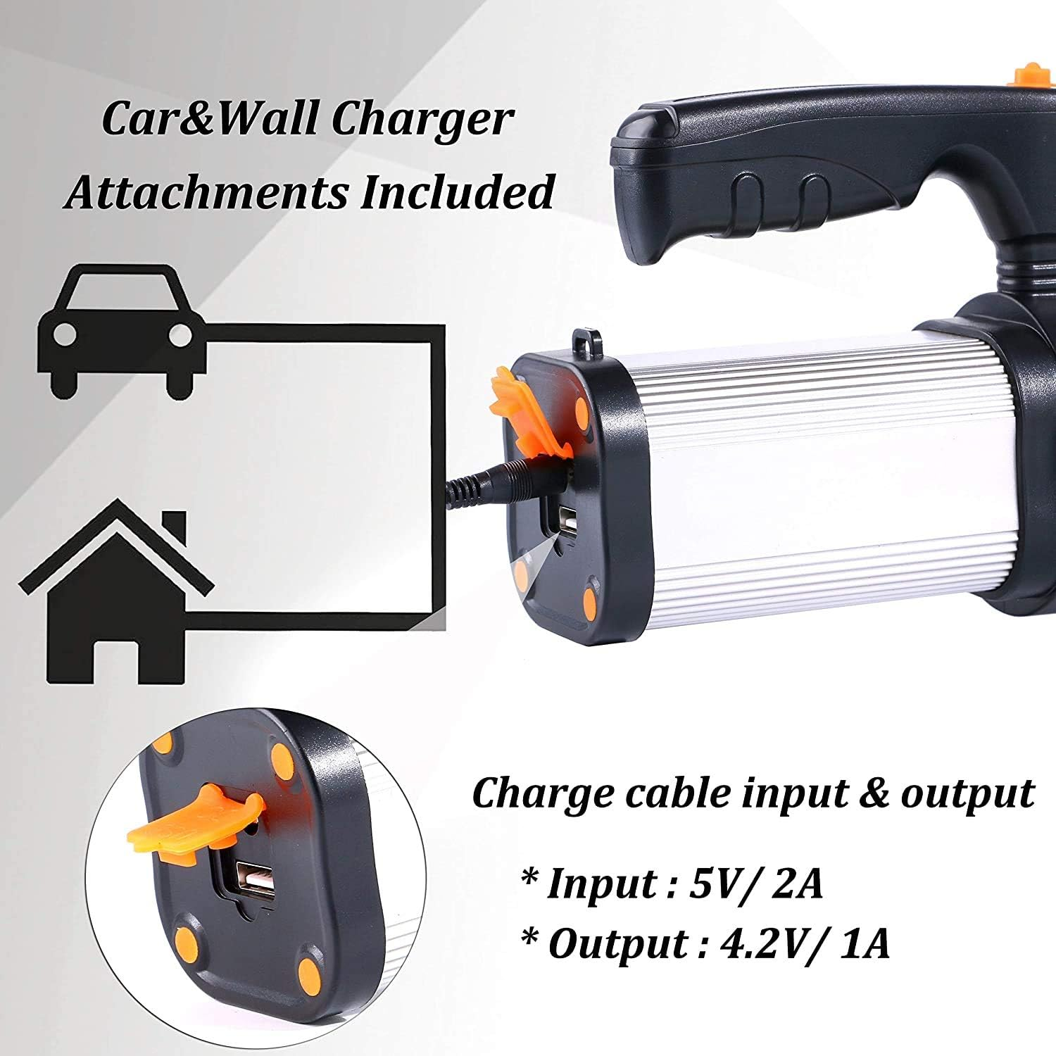 Eine Taschenlampe mit Ladeanschluss und Auto-/Wandladegerät-Aufsätzen. Eingang: 5V/2A, Ausgang: 4,2V/1A.