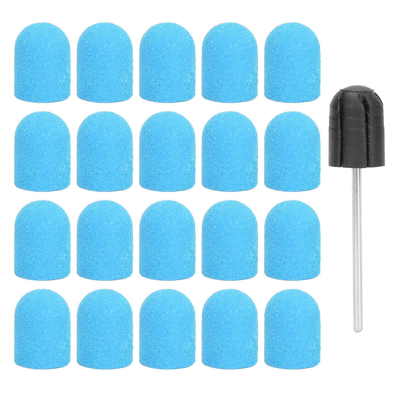 Eine Gruppe von 16 blauen Schleifbits und einem schwarzen Halter, vor weißem Hintergrund.