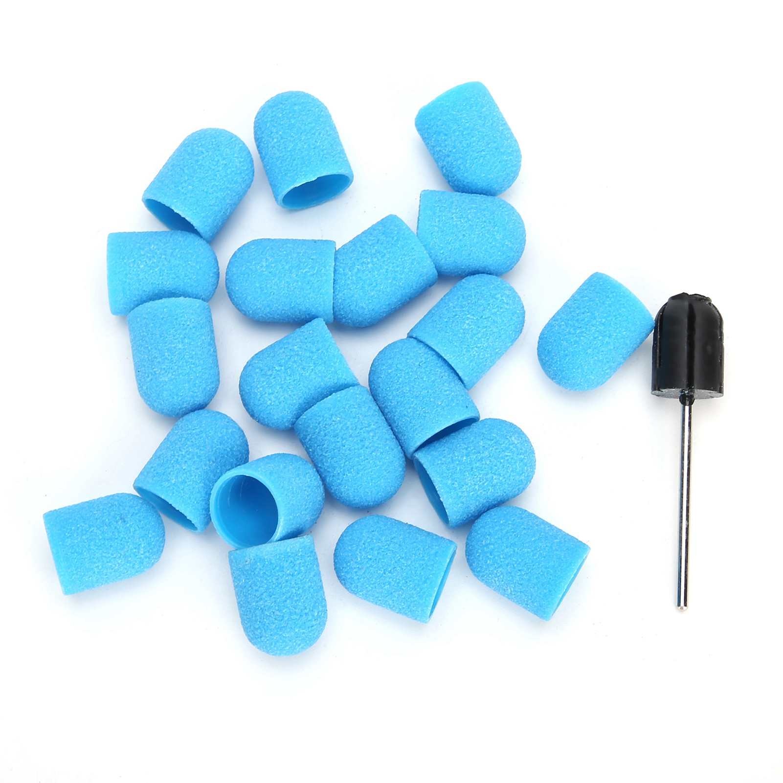 Viele blaue Schleifbits und ein schwarzes Schleifbit auf weissem Hintergrund.