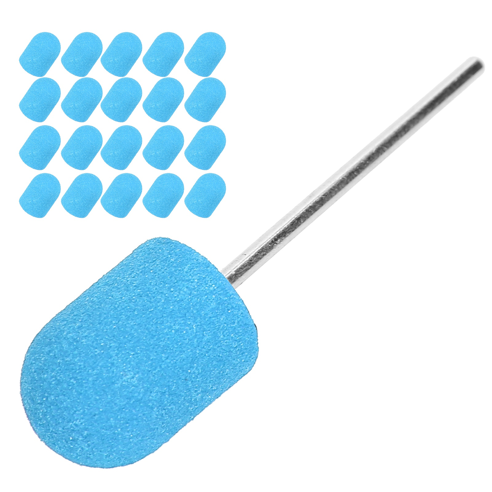 Nahaufnahme eines einzelnen blauen Schleifbits und vieler blauer Schleifbits im Hintergrund.