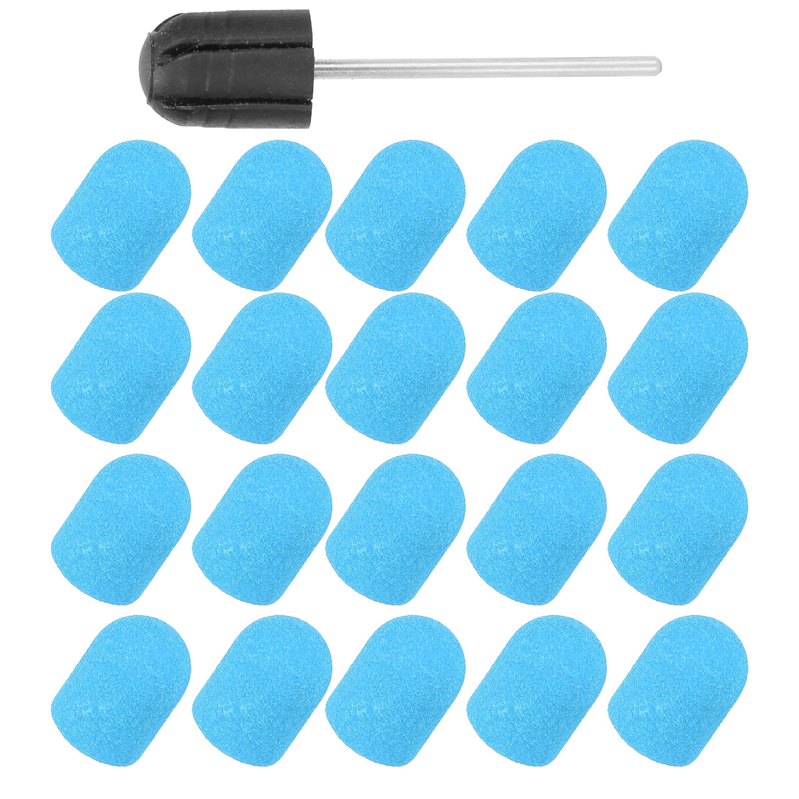 Eine Gruppe von 18 blauen Schleifbits und einem schwarzen Halter, vor weißem Hintergrund.