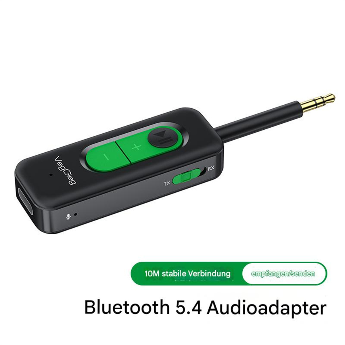 Schwarzer und grüner Bluetooth-Audioadapter mit Knöpfen, Text und einem Anschluss, auf Weiß gesetzt.