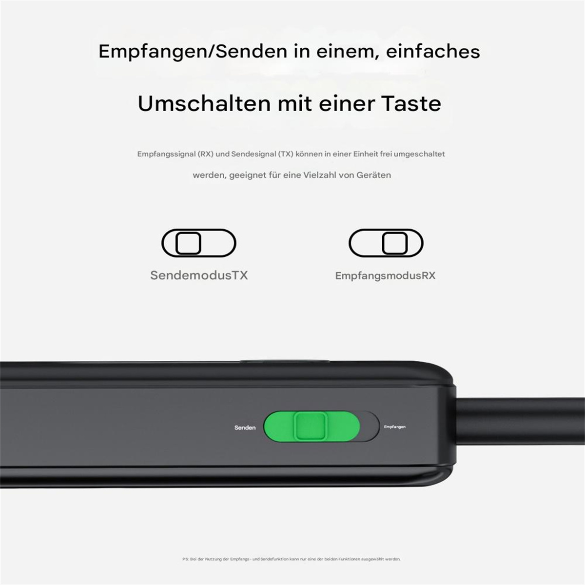 Diagramm, das ein schwarzes Gerät mit grünen Tasten und zwei Optionen zeigt: Senden oder Empfangen.