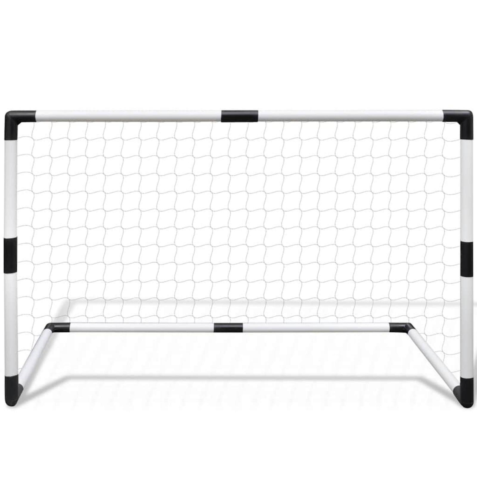 Ein Fussballtor auf weissem Hintergrund. Das Tor ist weiss mit schwarzen Ecken und einem weissen Netz.