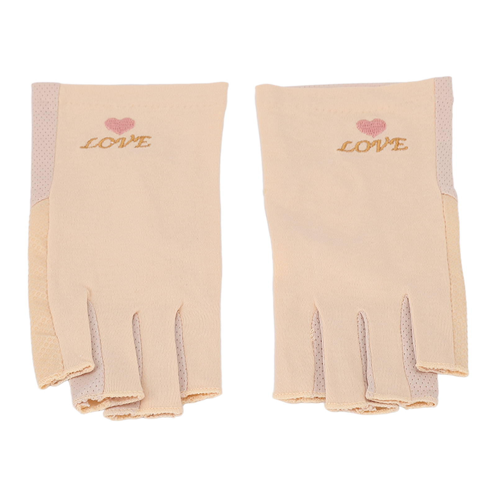 Zwei beige fingerlose Handschuhe mit einem Herz und dem Wort LOVE bestickt.