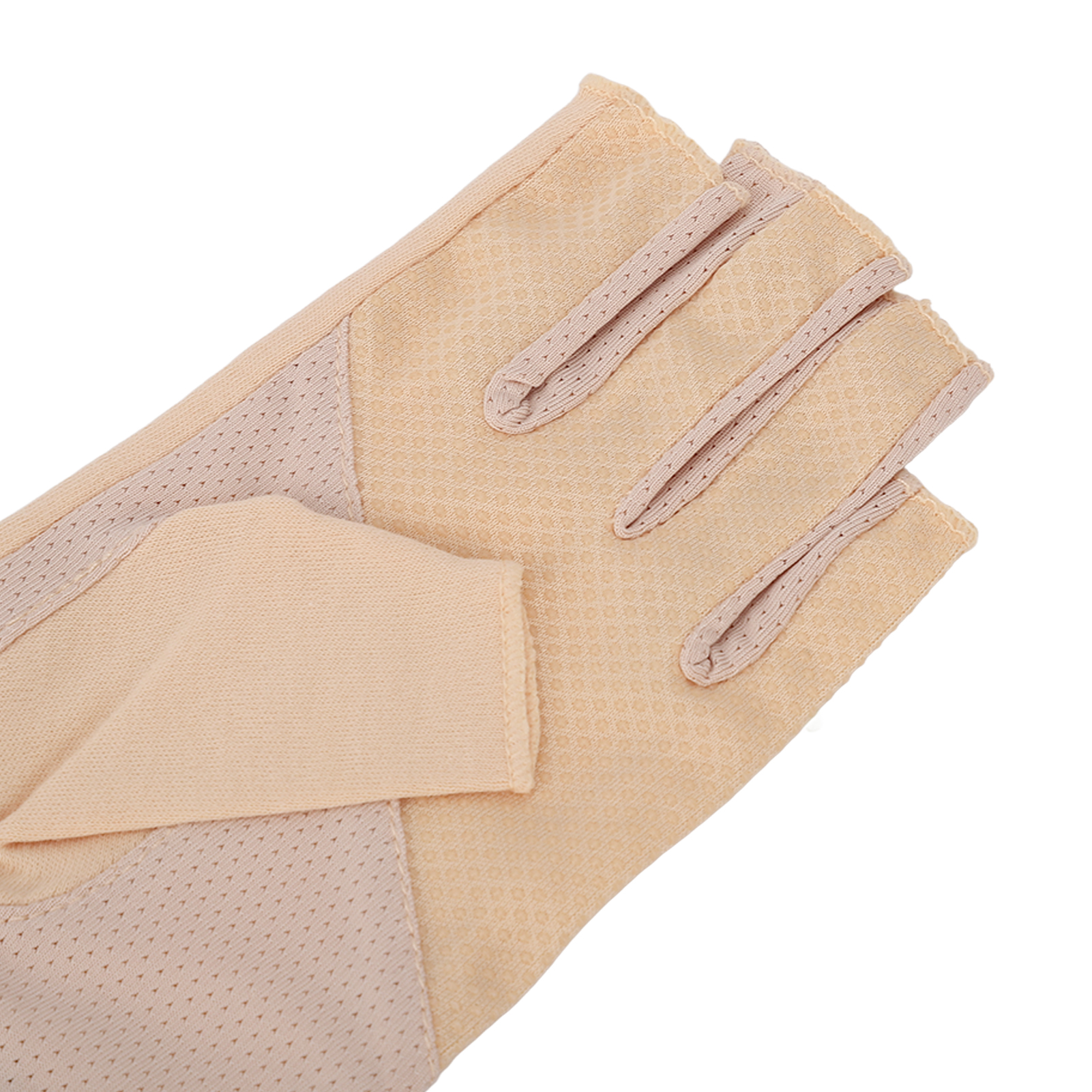 Nahaufnahme eines beigefarbenen fingerlosen Handschuhs mit Mesh-Gewebe.