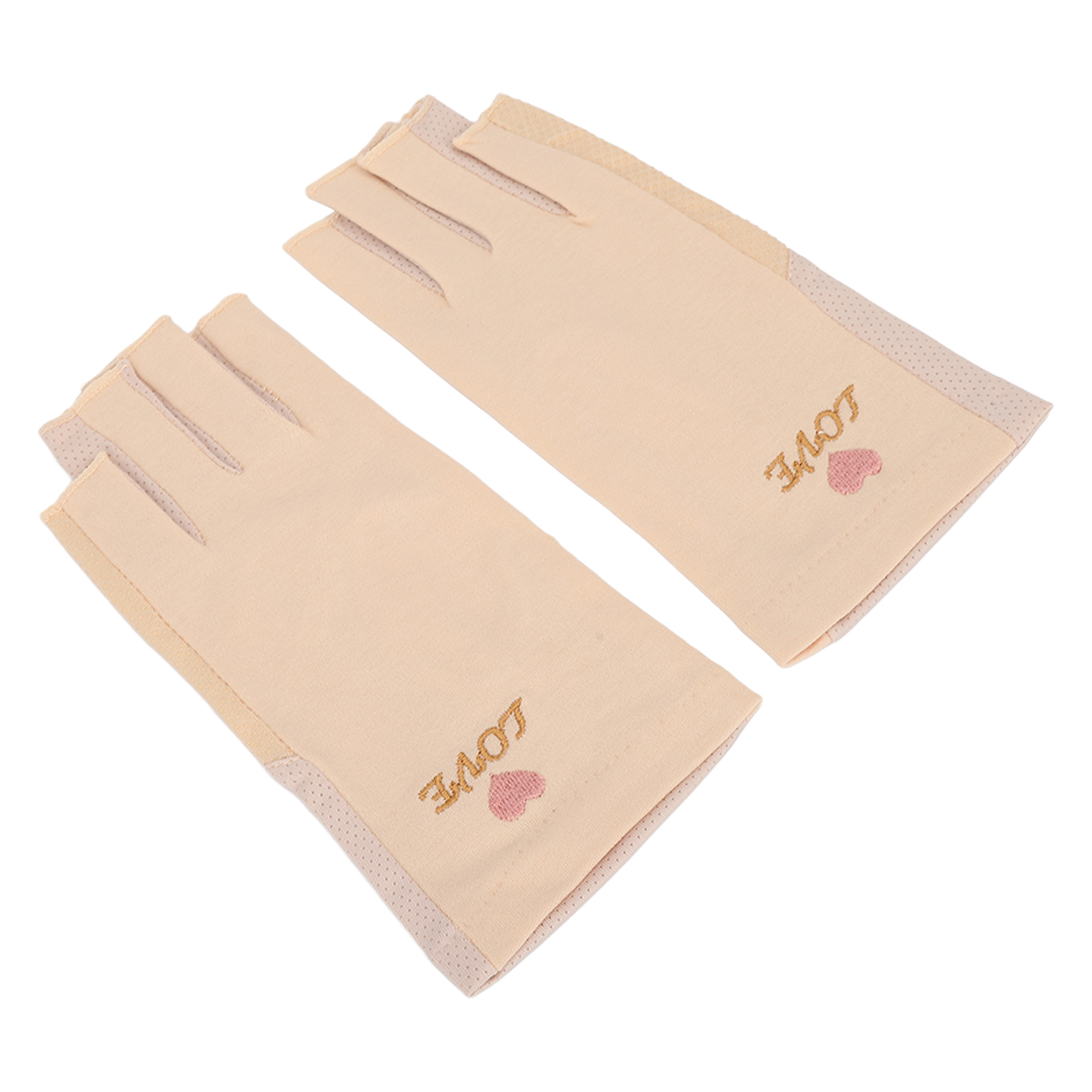 Zwei beige fingerlose Handschuhe mit dem Wort LIEBE und einem rosa Herzen bestickt.