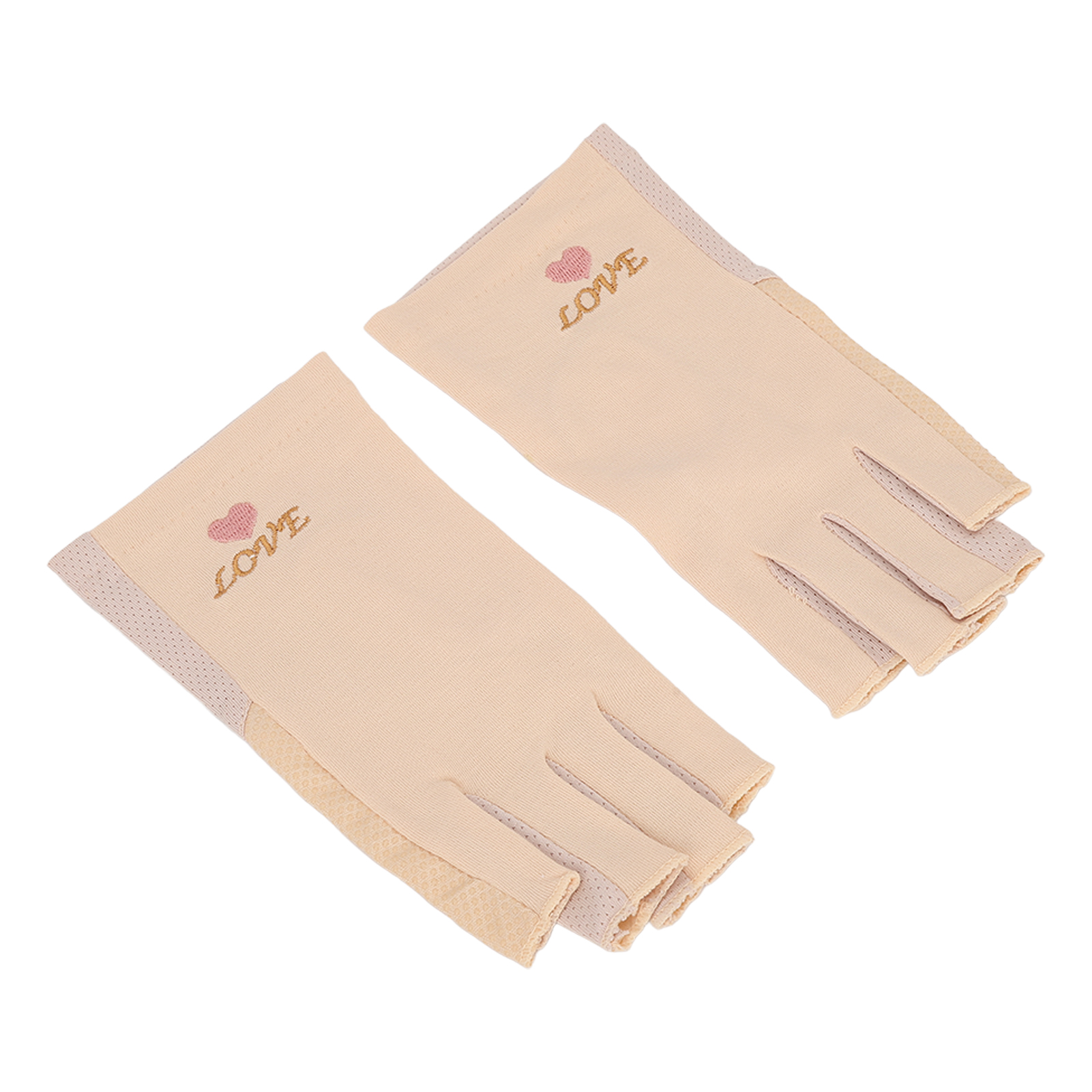 Zwei beige fingerlose Handschuhe mit LOVE und einem Herz bestickt, weißer Hintergrund.