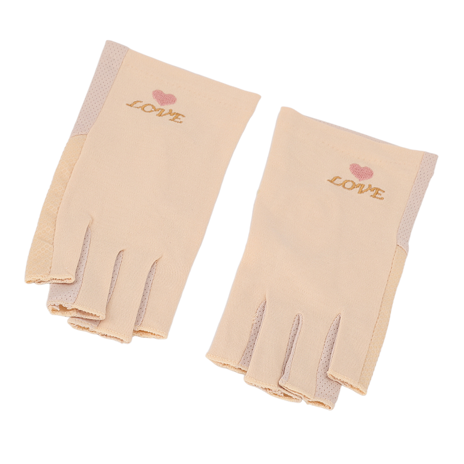 Zwei fingerlose Handschuhe mit dem Wort 'LOVE' und einem Herz darauf.