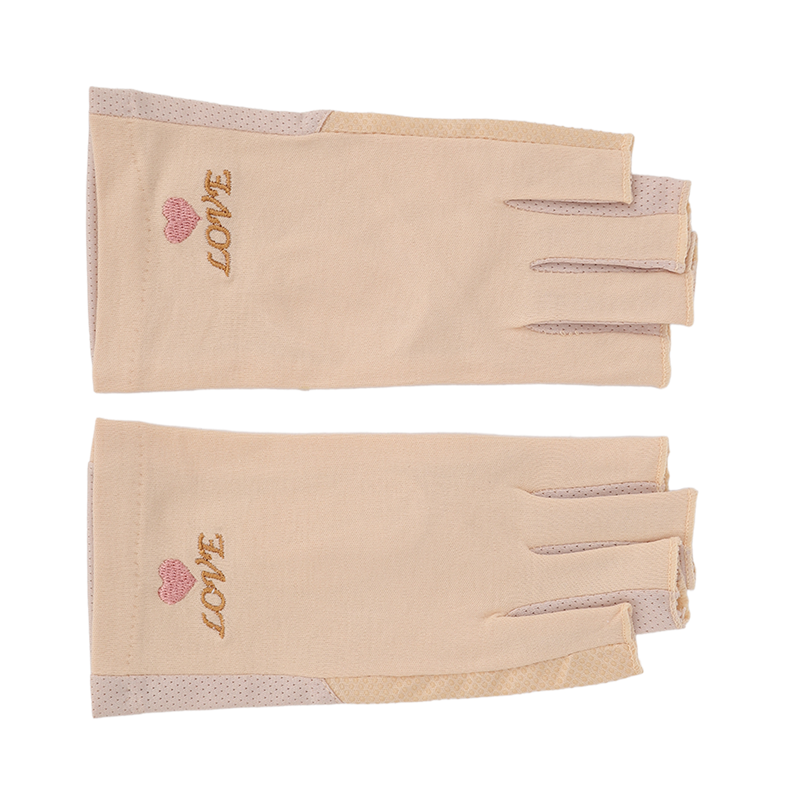 Zwei beige fingerlose Handschuhe mit LOVE und einem Herz bestickt, weißer Hintergrund.