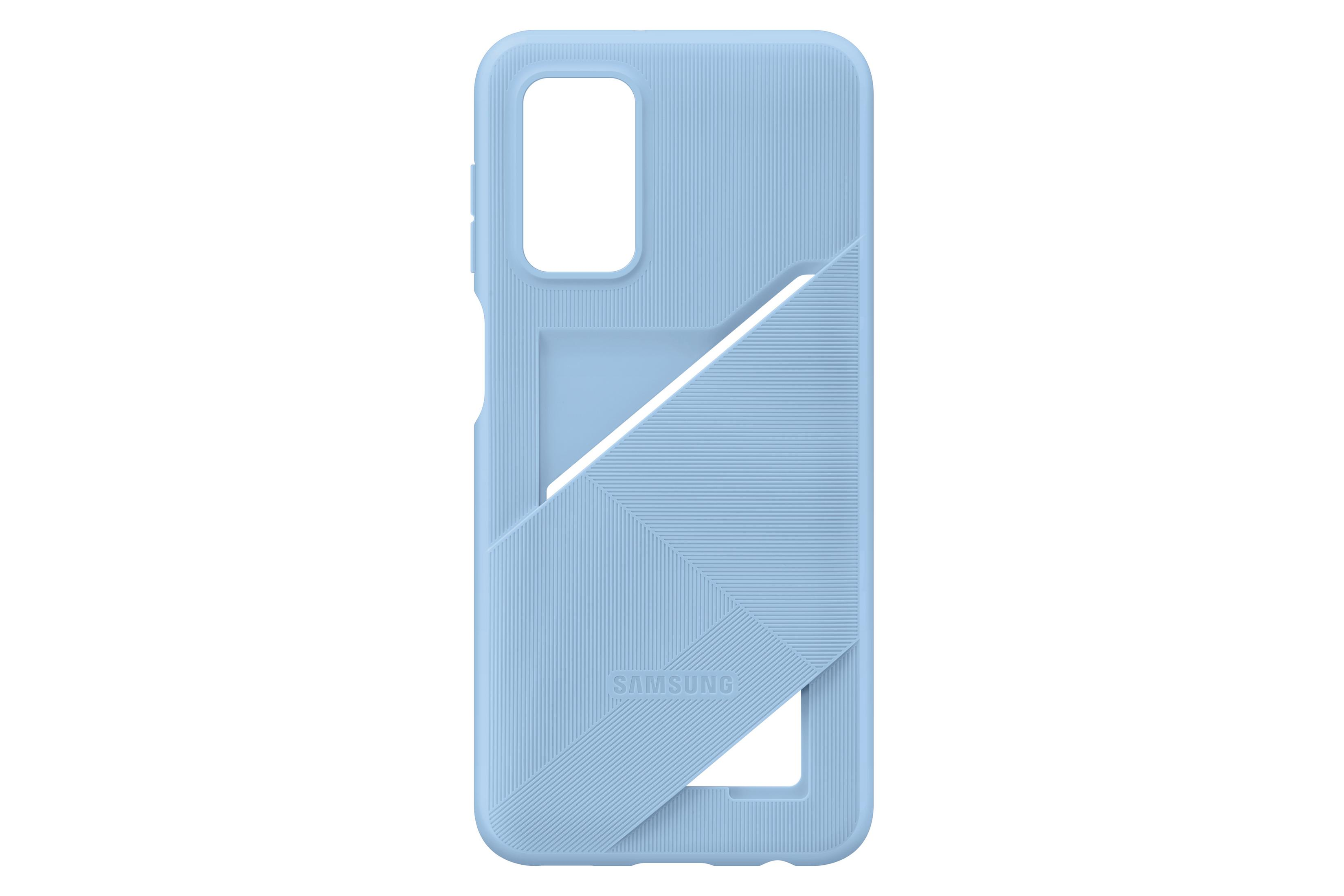 Eine hellblaue Handyhülle mit Kartenhalter-Design und Samsung-Logo.