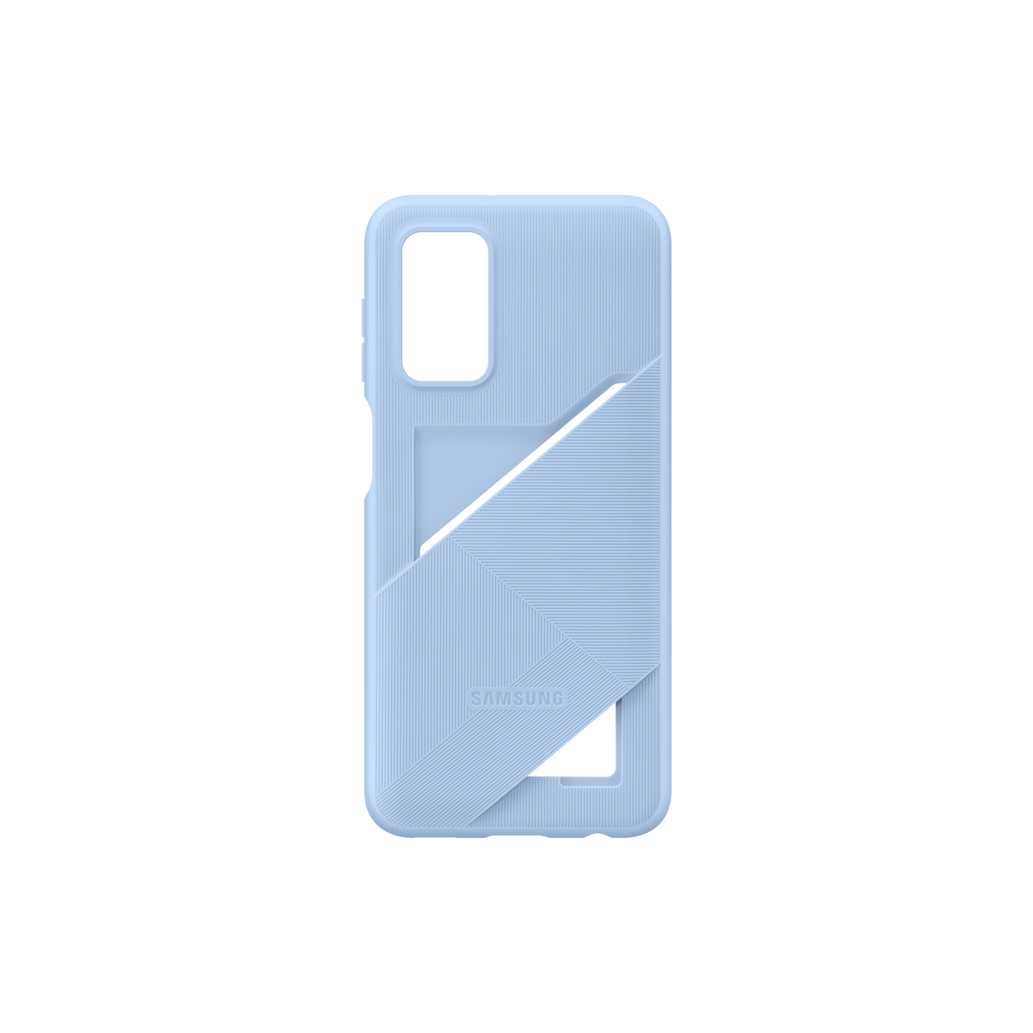 Eine hellblaue Handyhülle mit Kartenhalter-Design und Samsung-Logo.