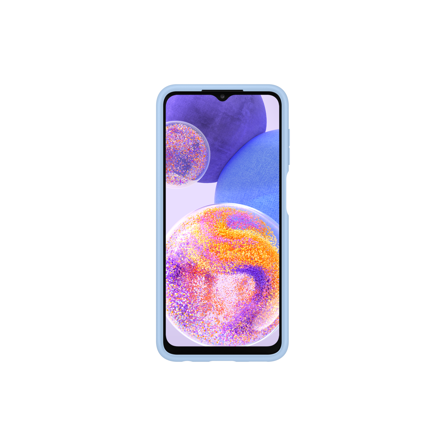 Smartphone-Bildschirm zeigt bunte Kugeln. Das Telefon hat eine blaue Hülle.