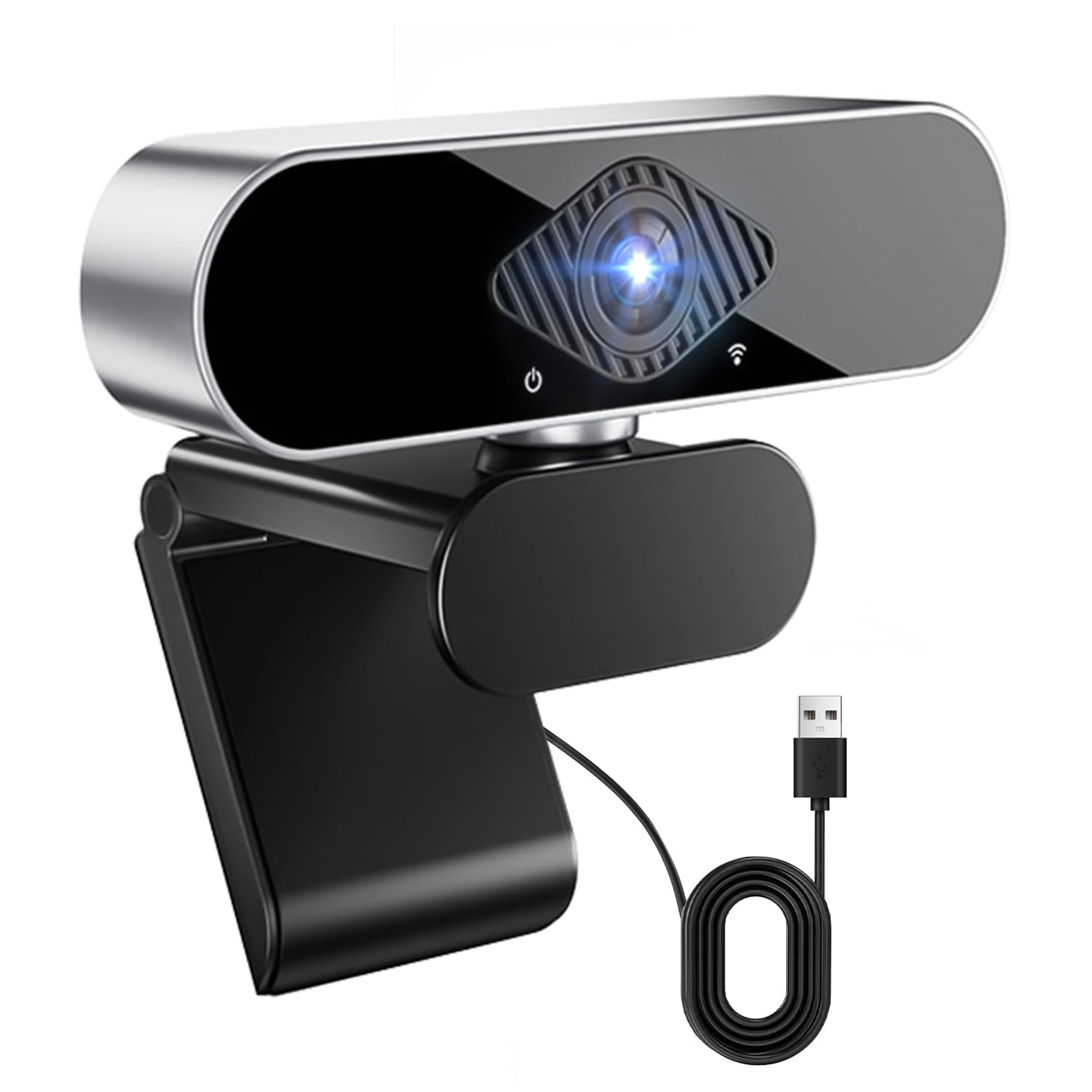 Eine Webcam mit schwarzem Sockel, silbernem Kameragehäuse und USB-Kabel.
