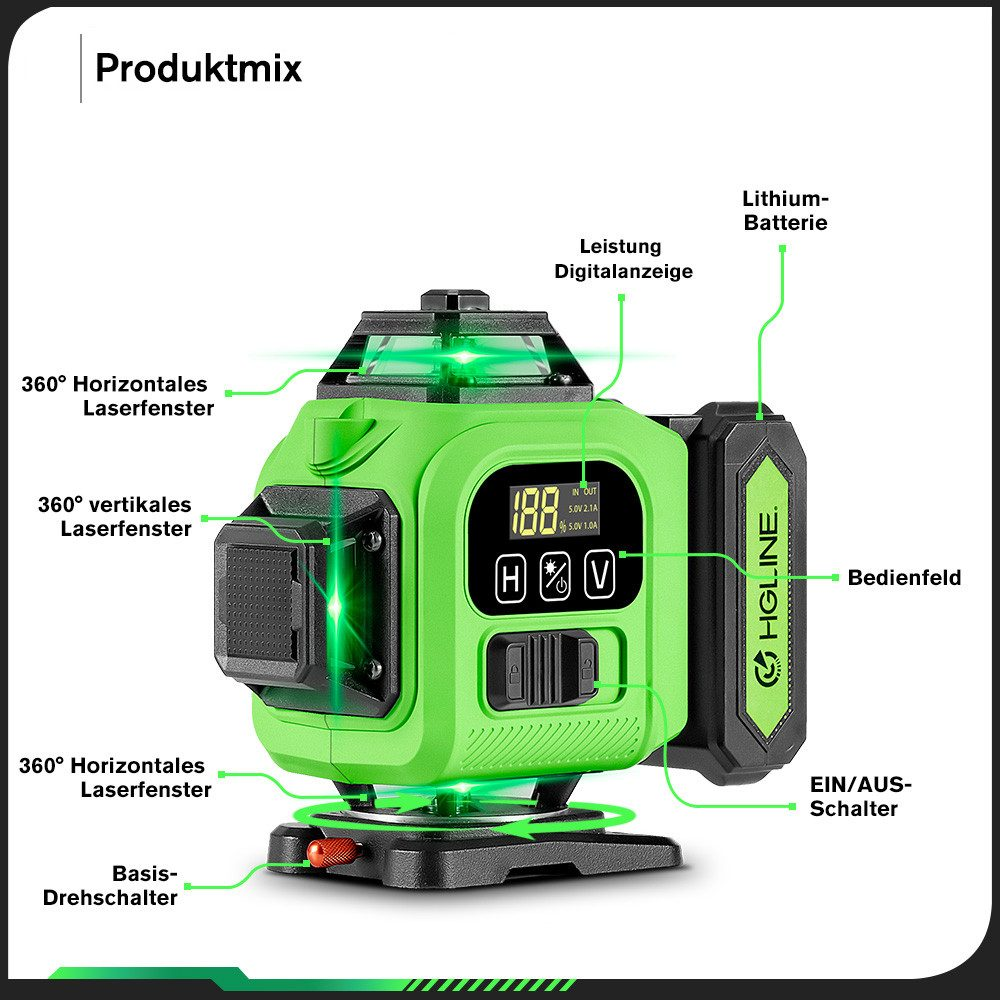 Ein grünes Laser-Niveau mit Messungen und Batterie, zeigt horizontale und vertikale Linien.