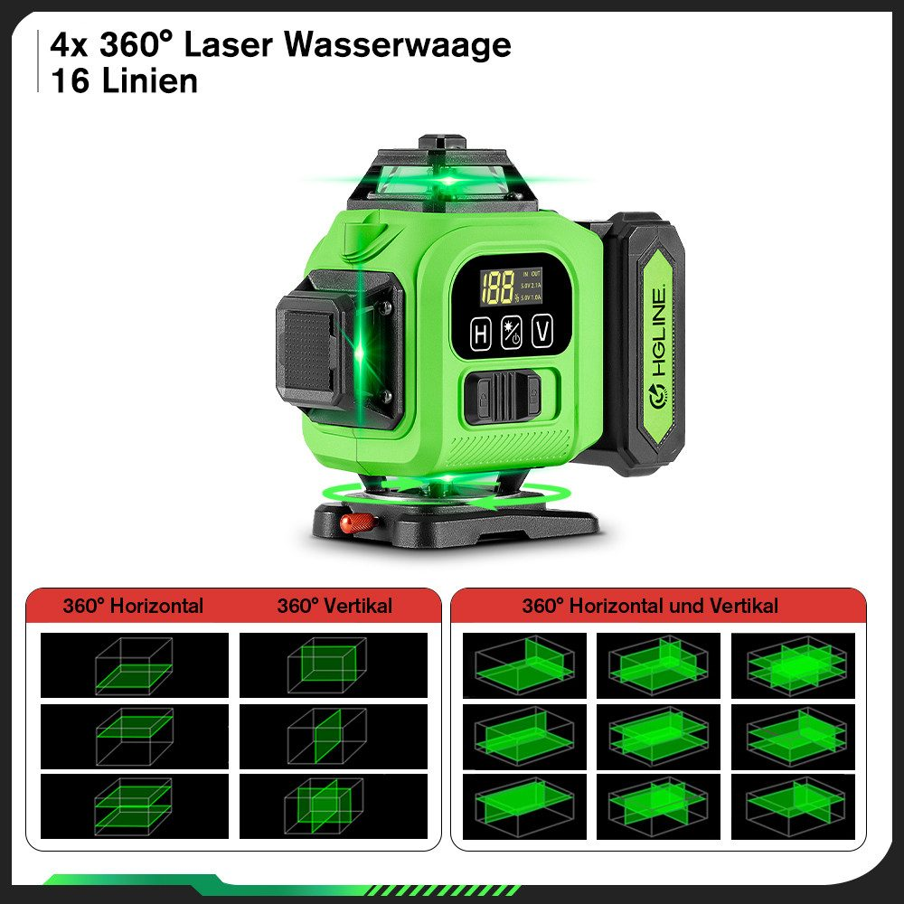 Grünes Laser-Niveau mit Display und mehreren Linienprojektionen. Zeigt Einstellungen und Optionen.