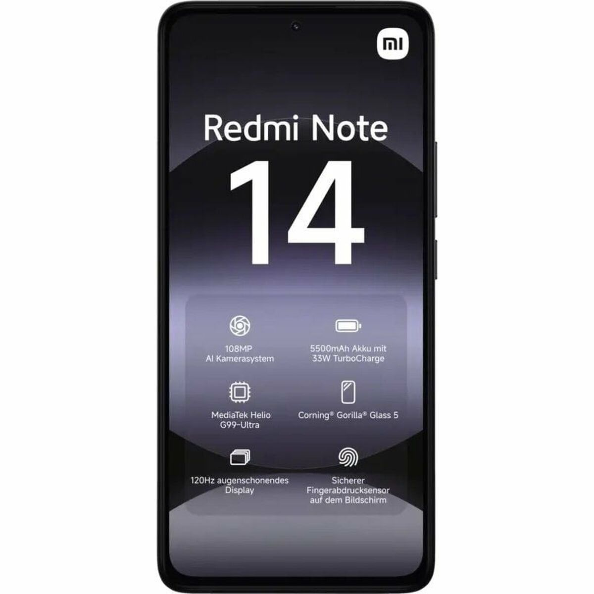 Nahaufnahme eines schwarzen Smartphones, das die Modellinformationen des Redmi Note 14 auf dem Bildschirm anzeigt.