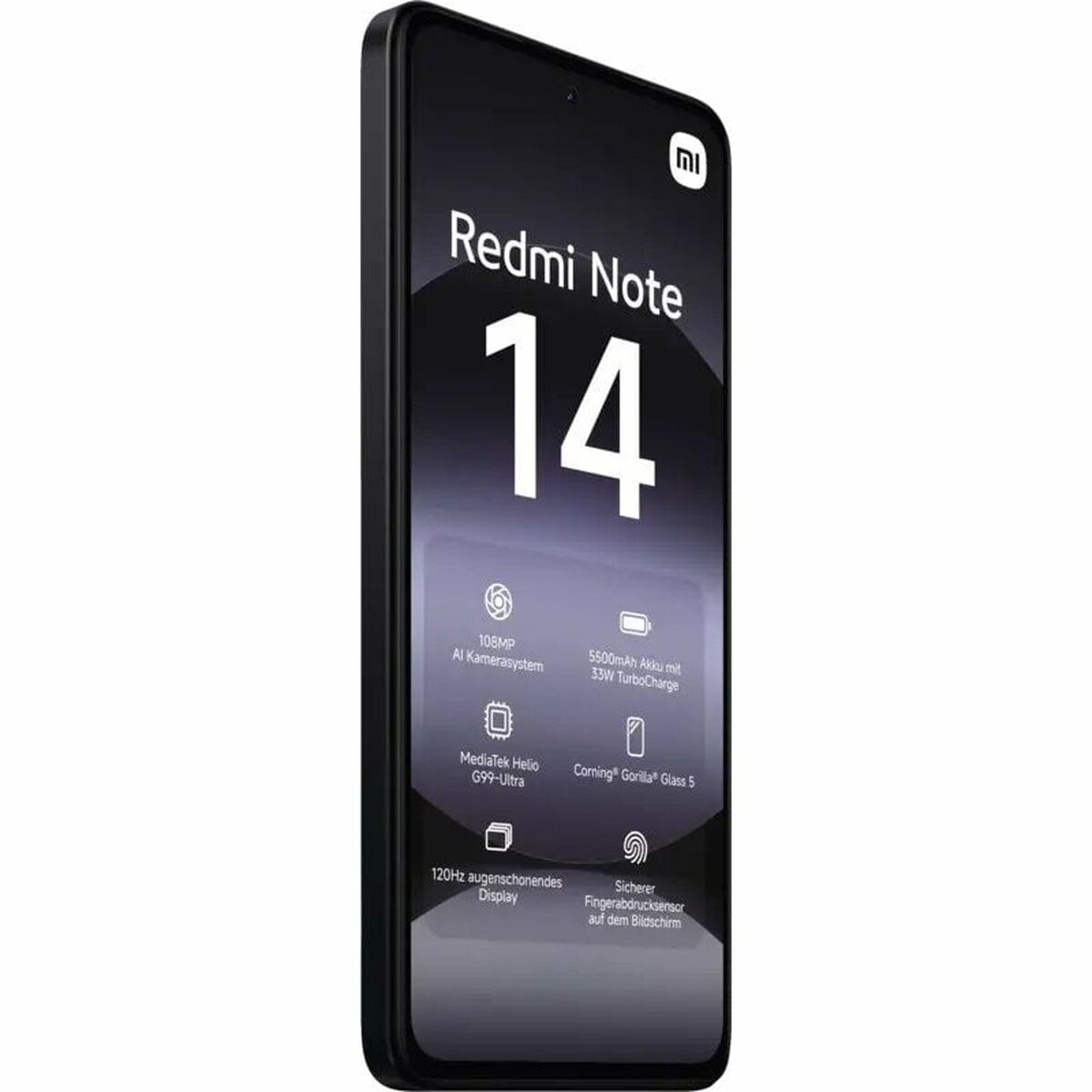 Schwarzes Smartphone mit dem Text 'Redmi Note 14' auf dem Bildschirm, mit Details zu den Funktionen.
