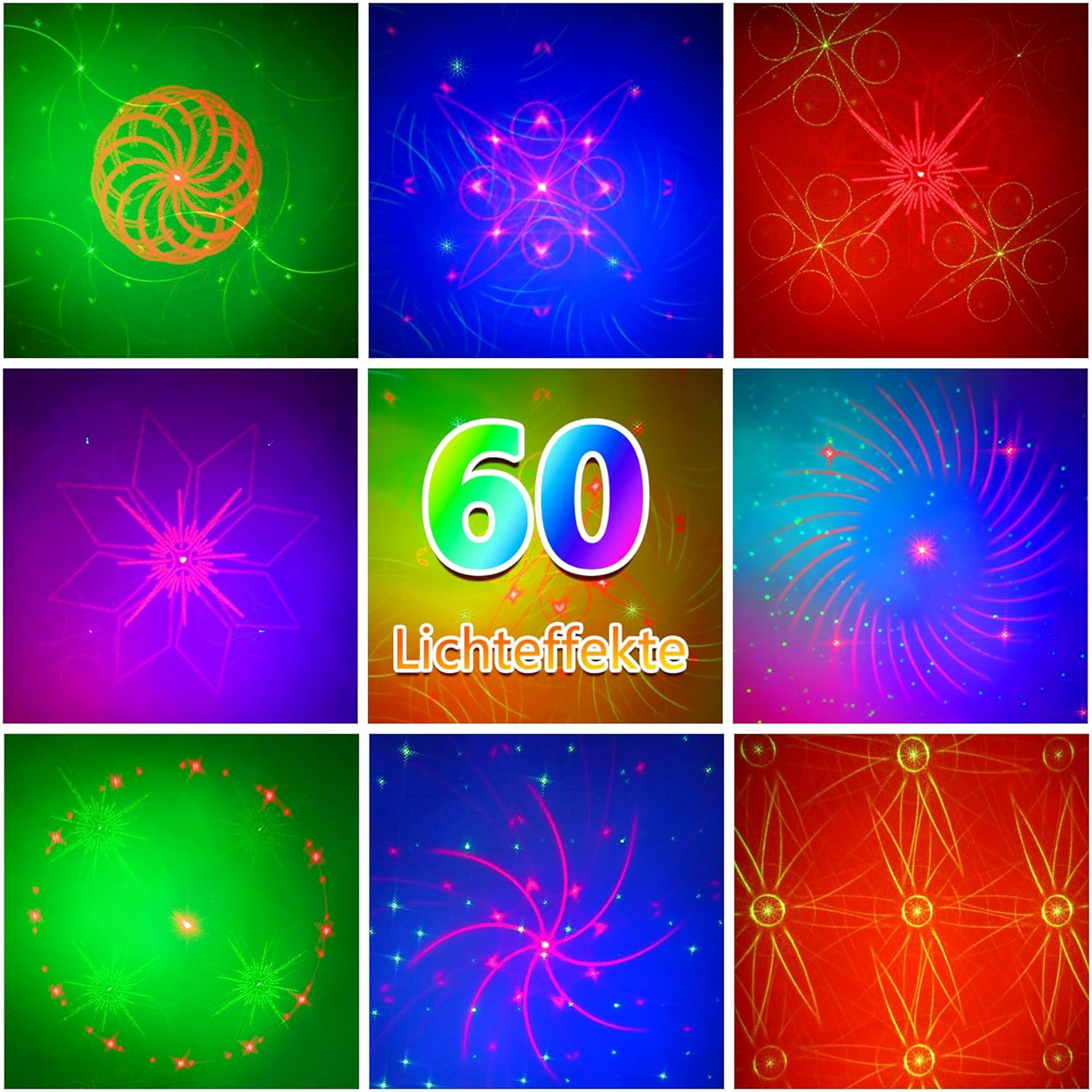 Eine Collage farbenfroher Lichtmuster mit der Zahl 60 in der Mitte, beschriftet mit 'Lichteffekte'.