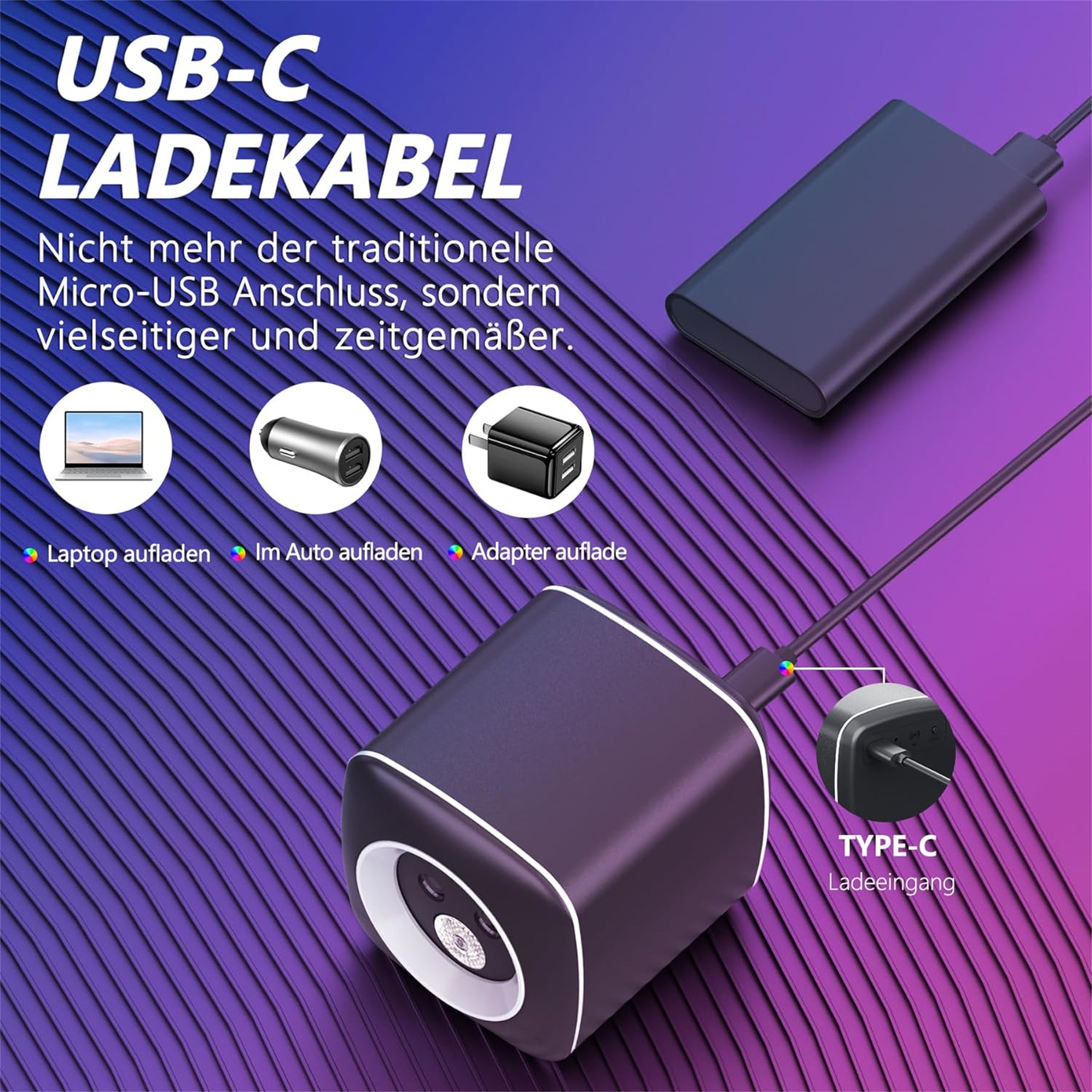 Bild eines USB-C-Ladekabels mit verschiedenen Lademöglichkeiten: Laptop, Auto und Adapter.
