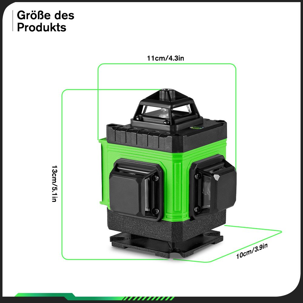 Ein grünes und schwarzes Laser-Nivelliergerät mit beschrifteten Abmessungen, die seine Größe zeigen.